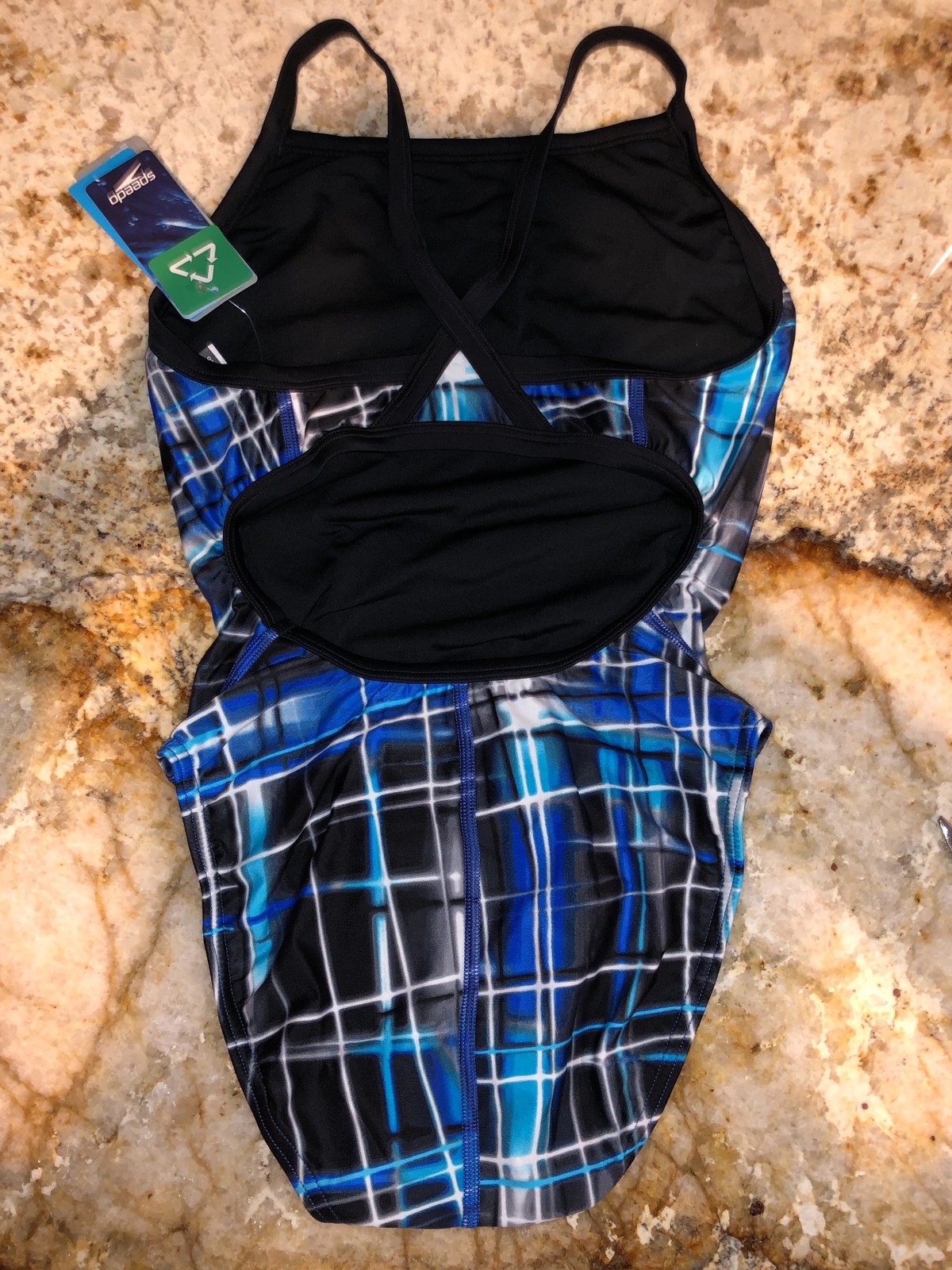 SPEEDO Laser Sticks Fly Back Black Blue White Swim Suit Womens 2 28 30 6 32 8 34