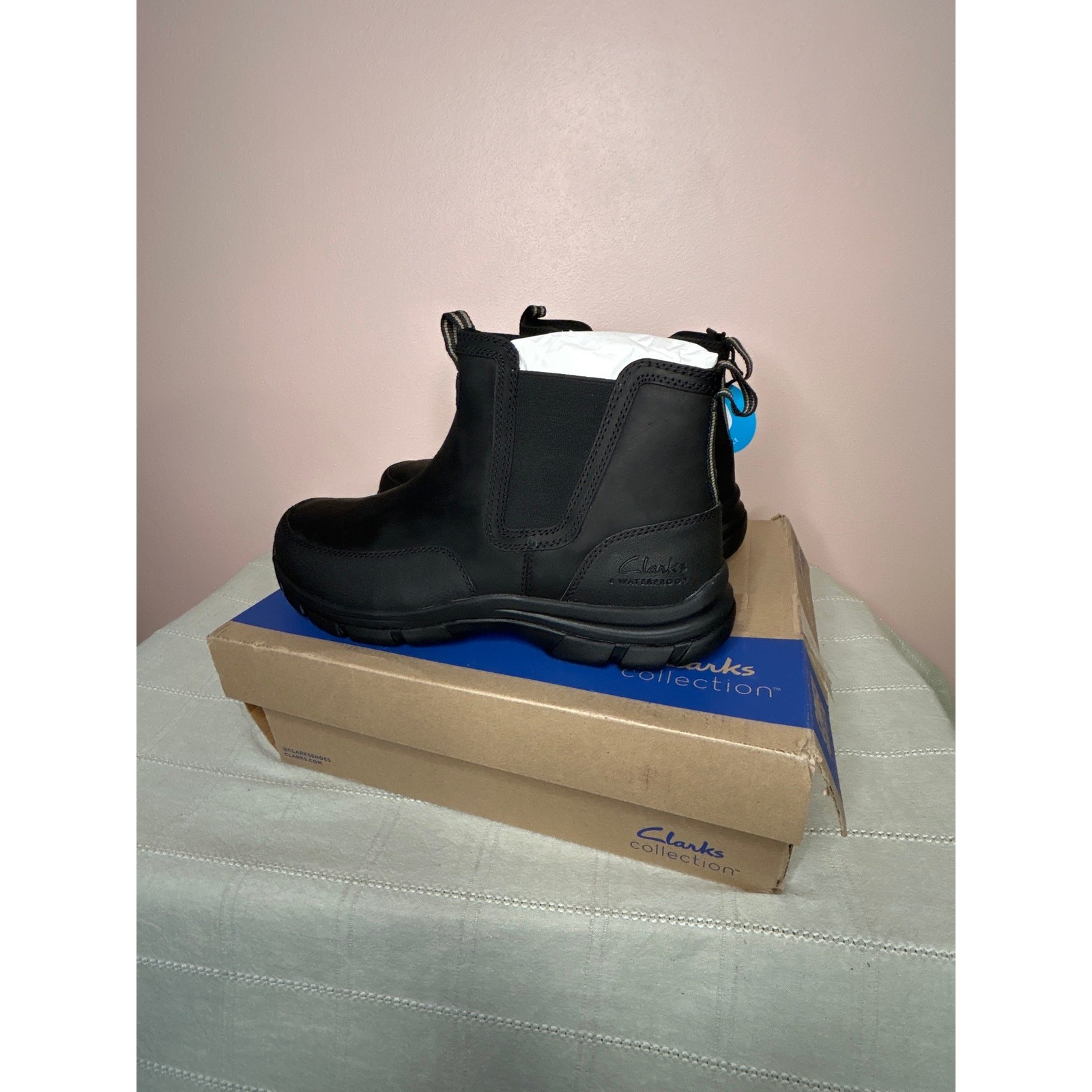 Clarks Men’s Walpath Easy Chelsea Boot Black Leather Size 12 W Waterproof New