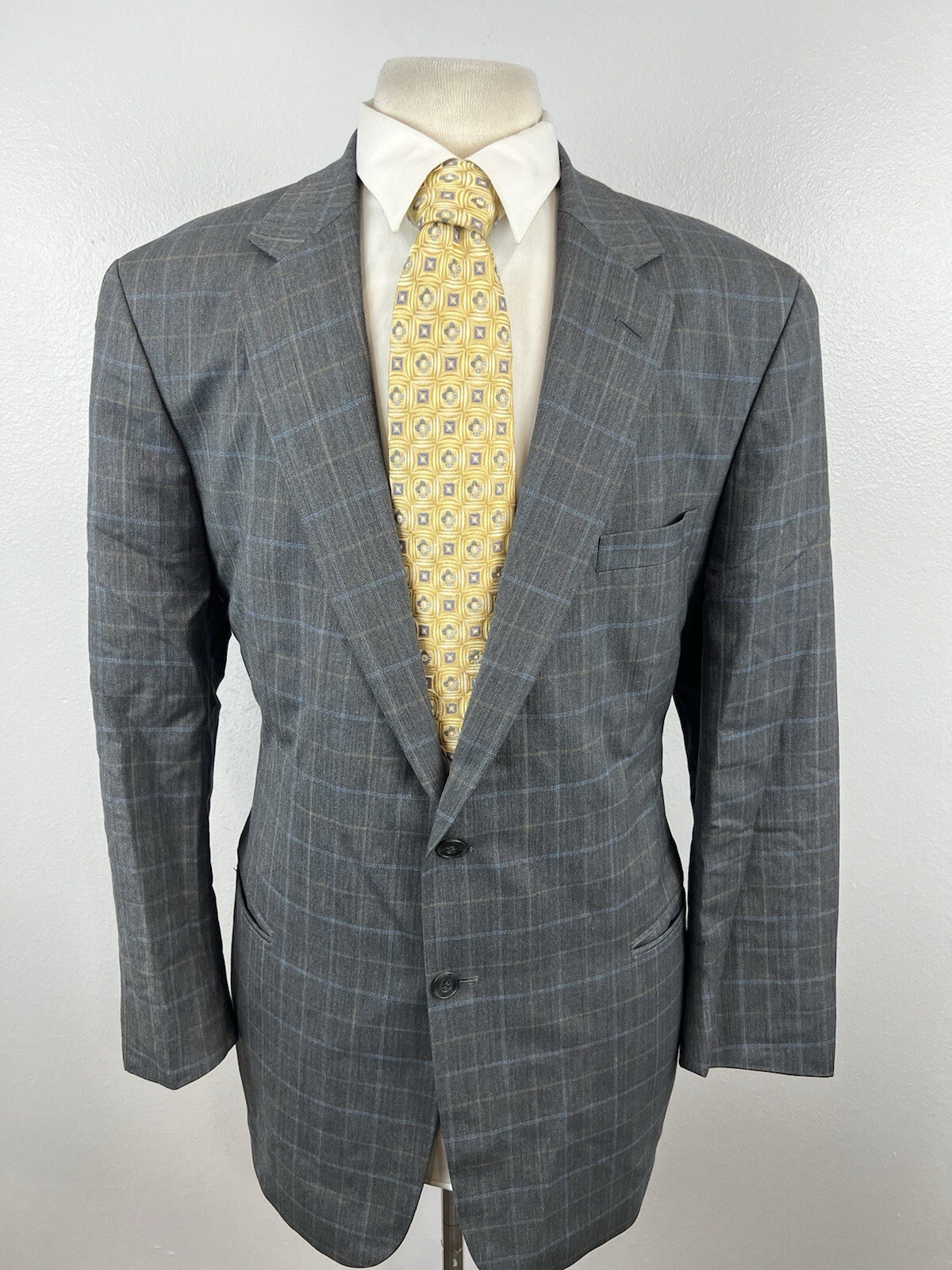 Tom James Corporate Image Men’s Gray Windowpane Wool Sport Coat Blazer Size 42 L