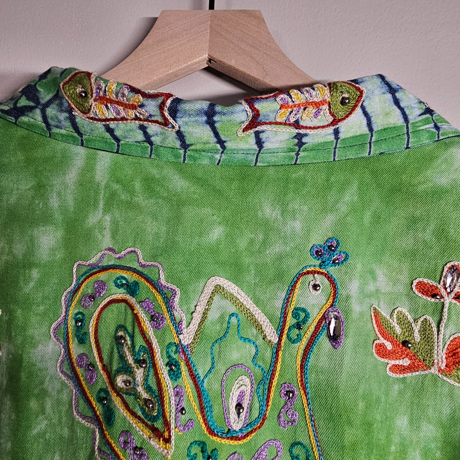 Indigo Moon Large Jacket Green Tie Dye Blue Denim Embroidered Beaded Boho Artsy