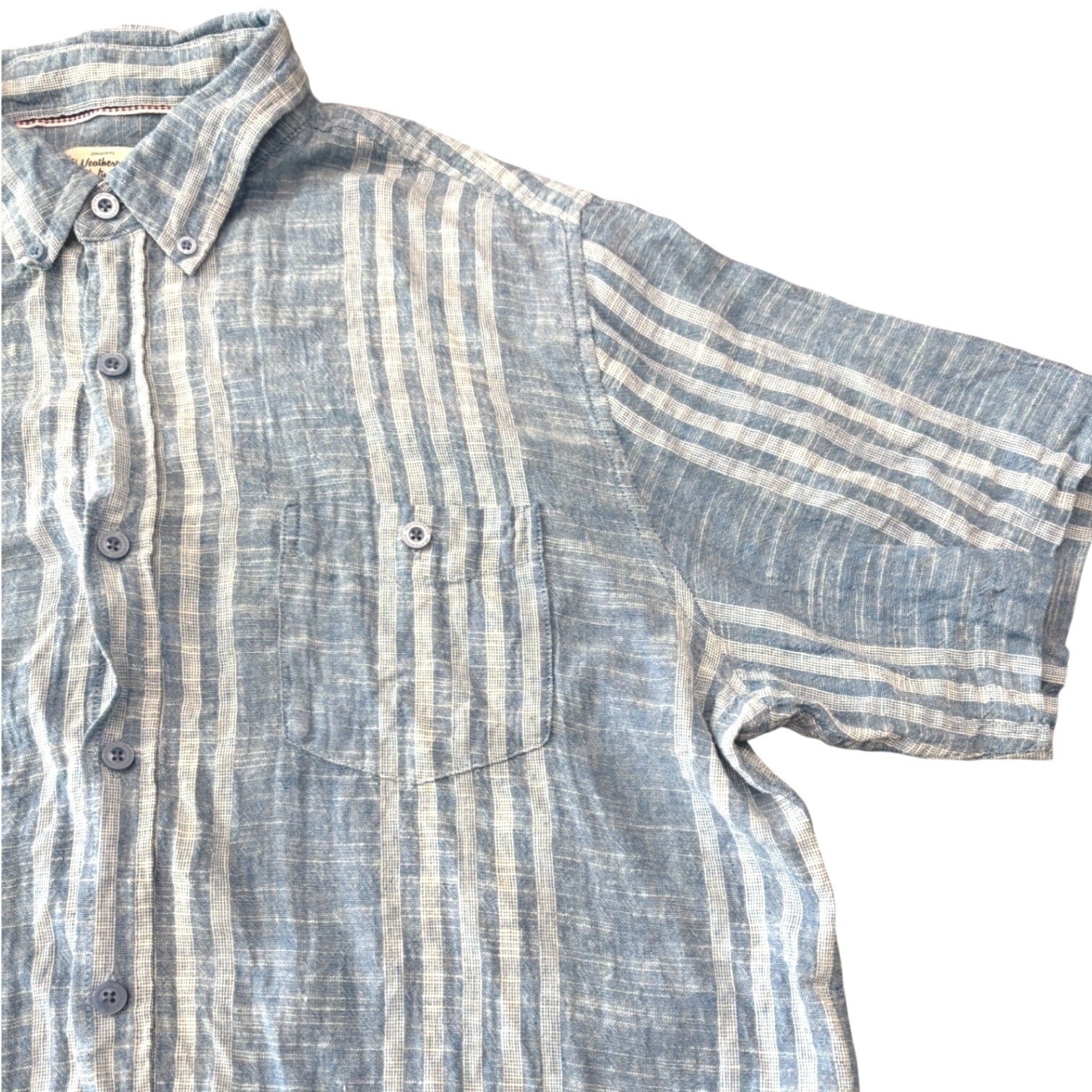 Weatherproof Vintage Mens Blue White Striped Linen Cotton Blend Shirt Size XL