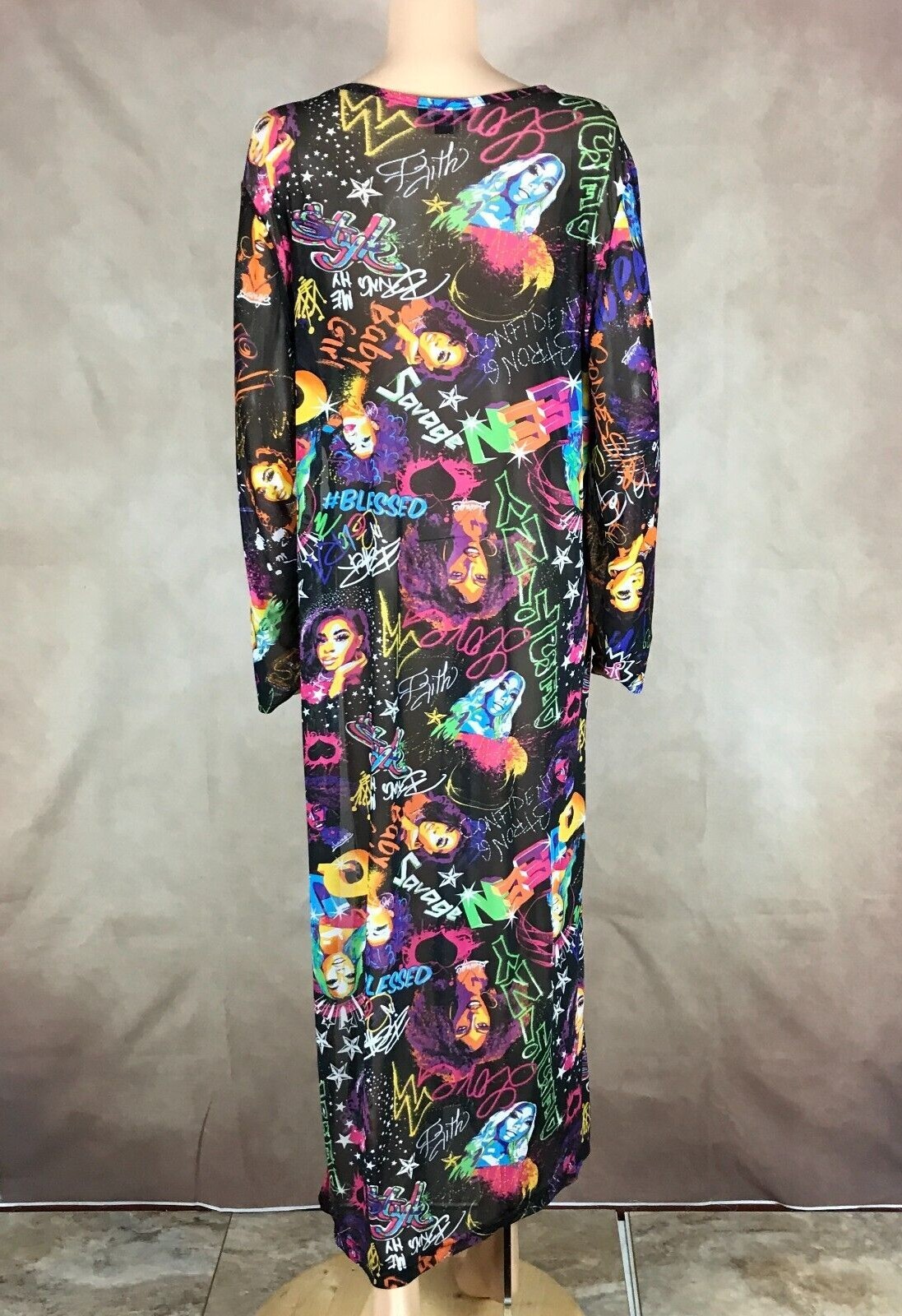 Graffiti Printed High Slit Sheer Mesh Maxi Dress 4X