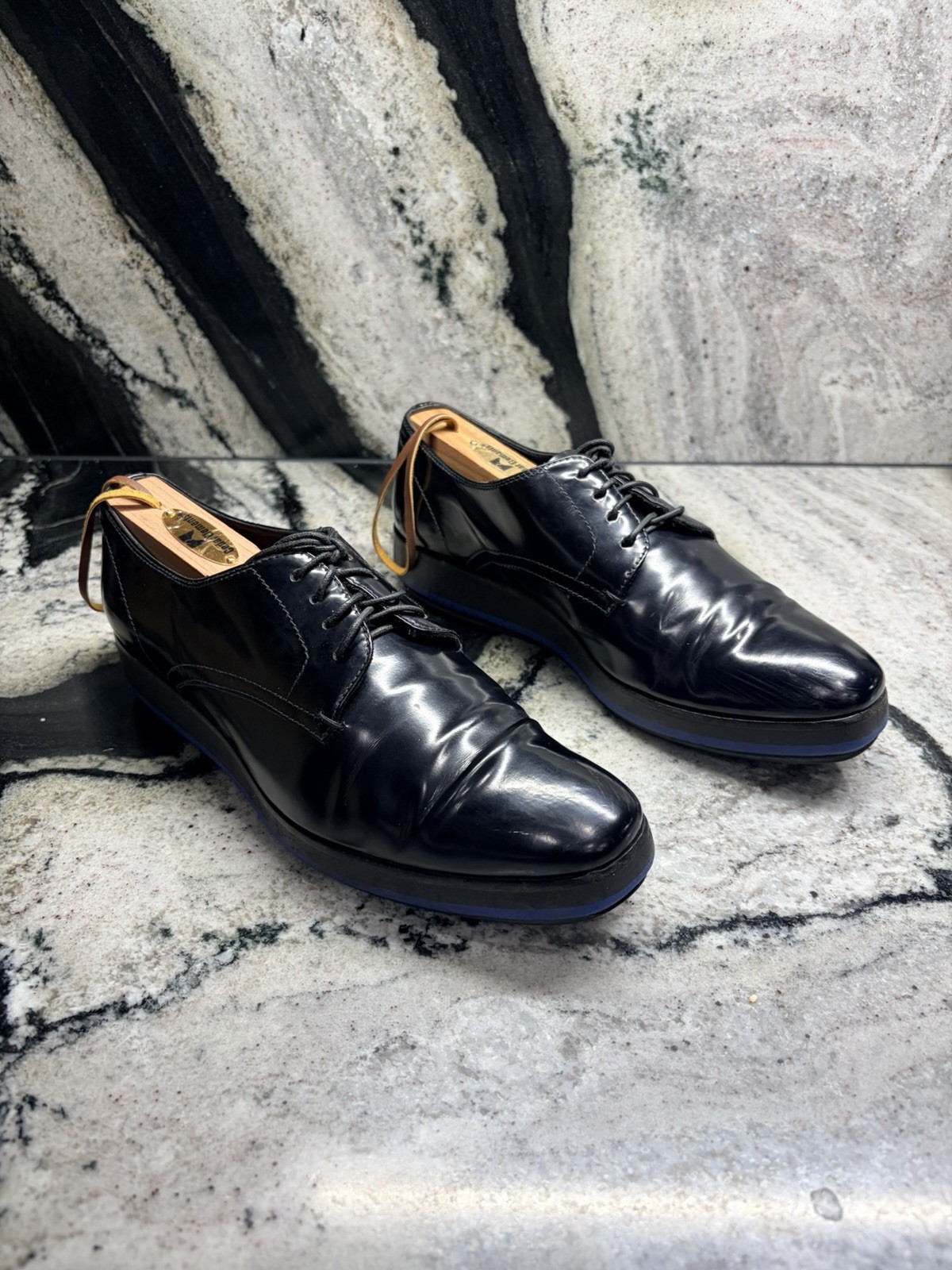 Prada Black Leather Derby Shoes Blue Rubber Sole Women’s EU 37 US 7 Italy