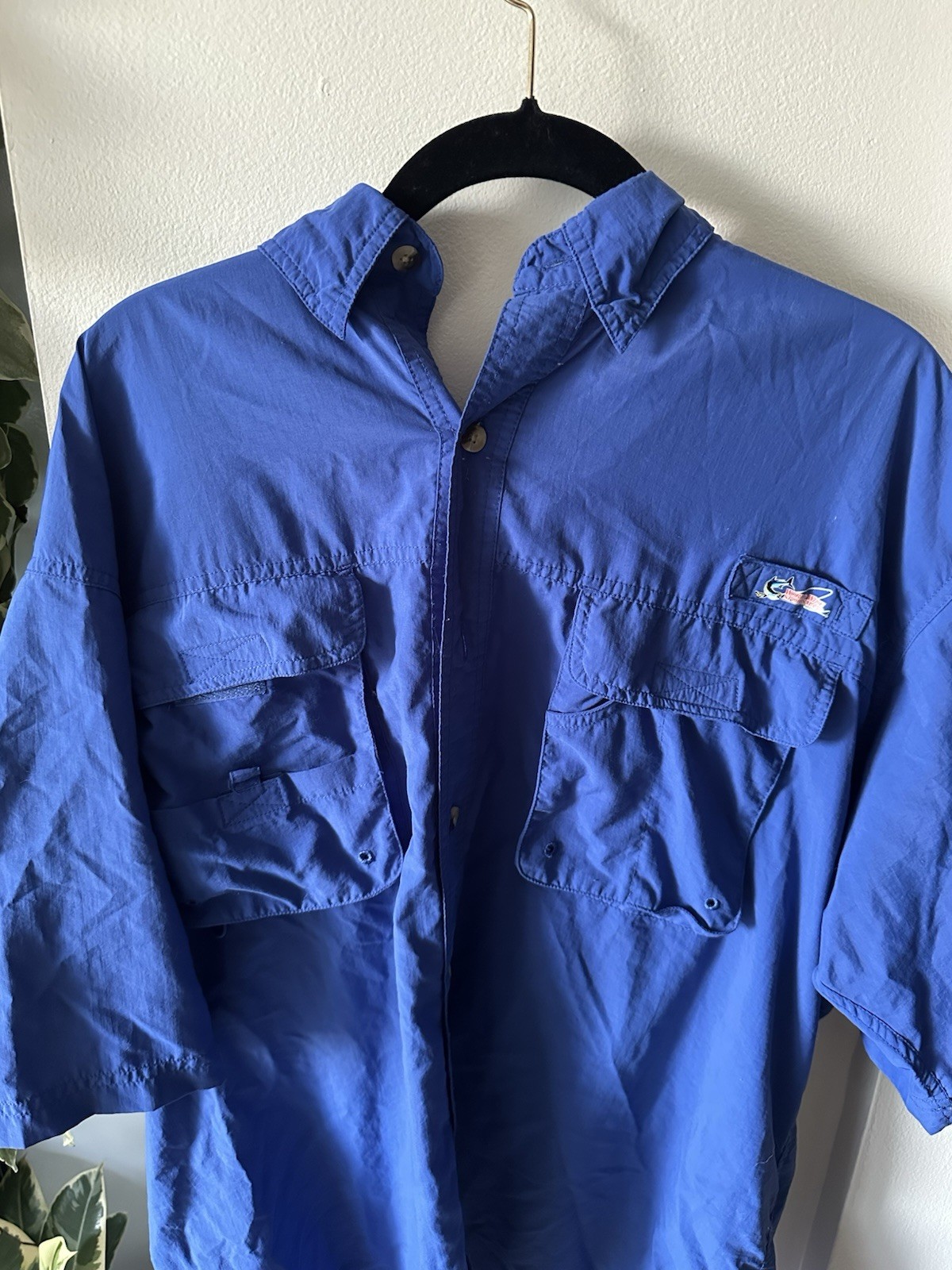 World Wide Sportsman Fishing Shirt Men Blue Vented Short Sleeve Hiking LG