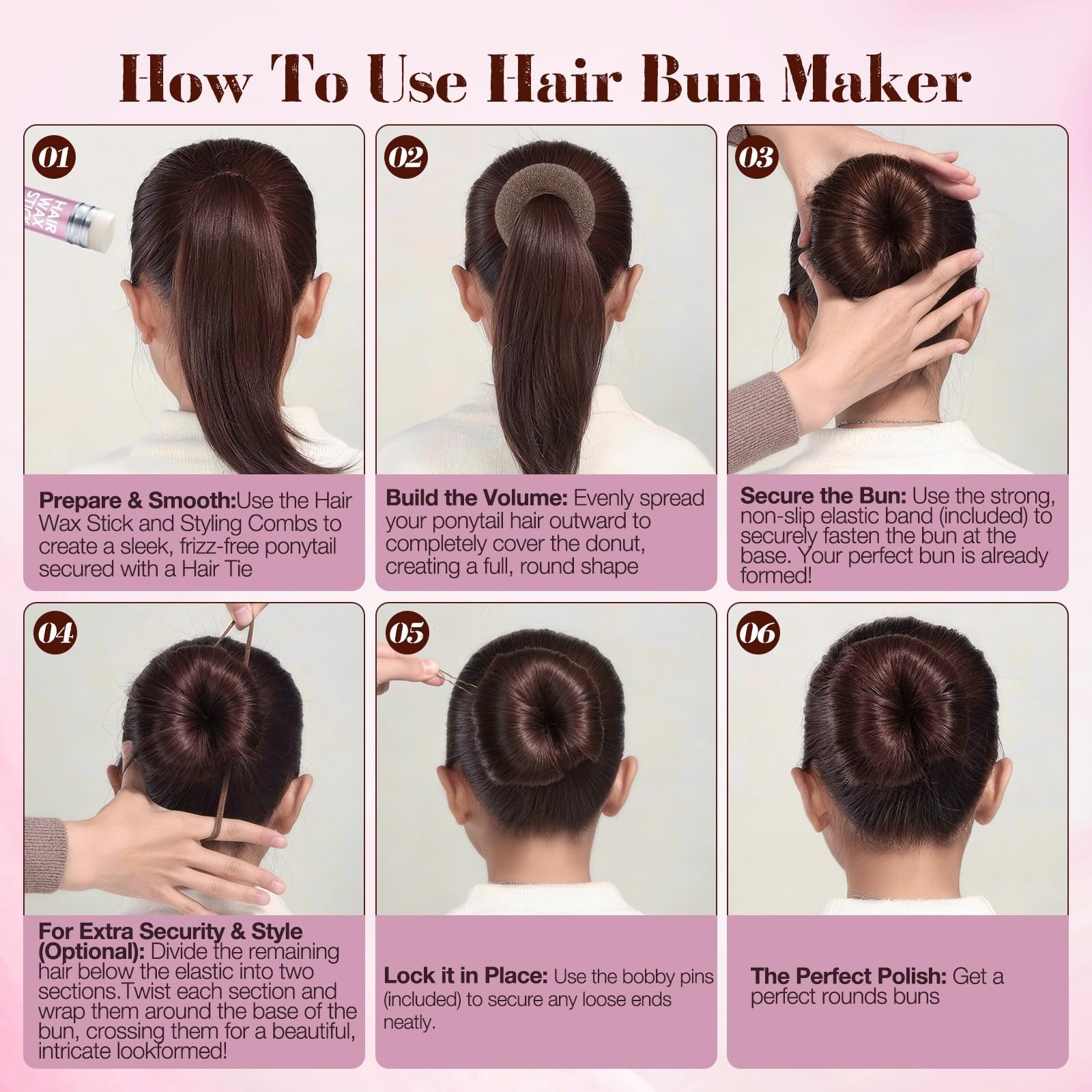 Hair Bun Maker Set – Donut Bun Tool, Bobby Pins, Hair Wax Stick & Net – Tan Brow