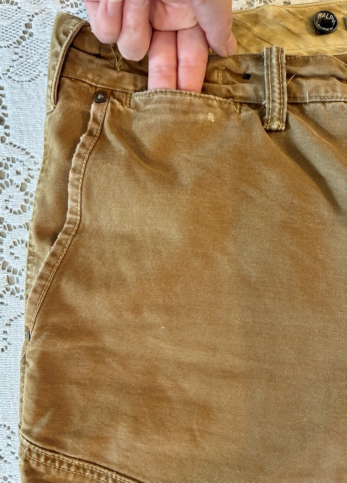 Vintage Polo Ralph Lauren Double Knee Waxed Canvas Pants Hunting Tan 34×32