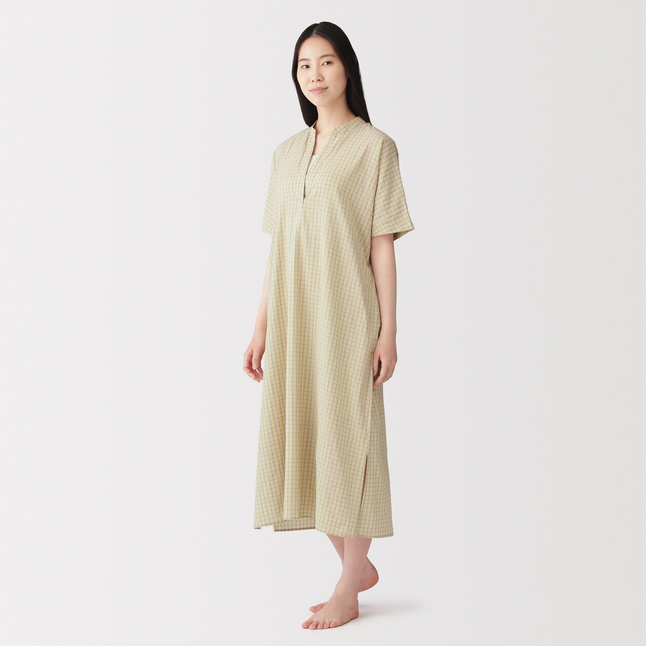 MUJI Womens 100% Organic Cotton Dobby 1/2 Sleeve Dress Smoky Green Check FedEx