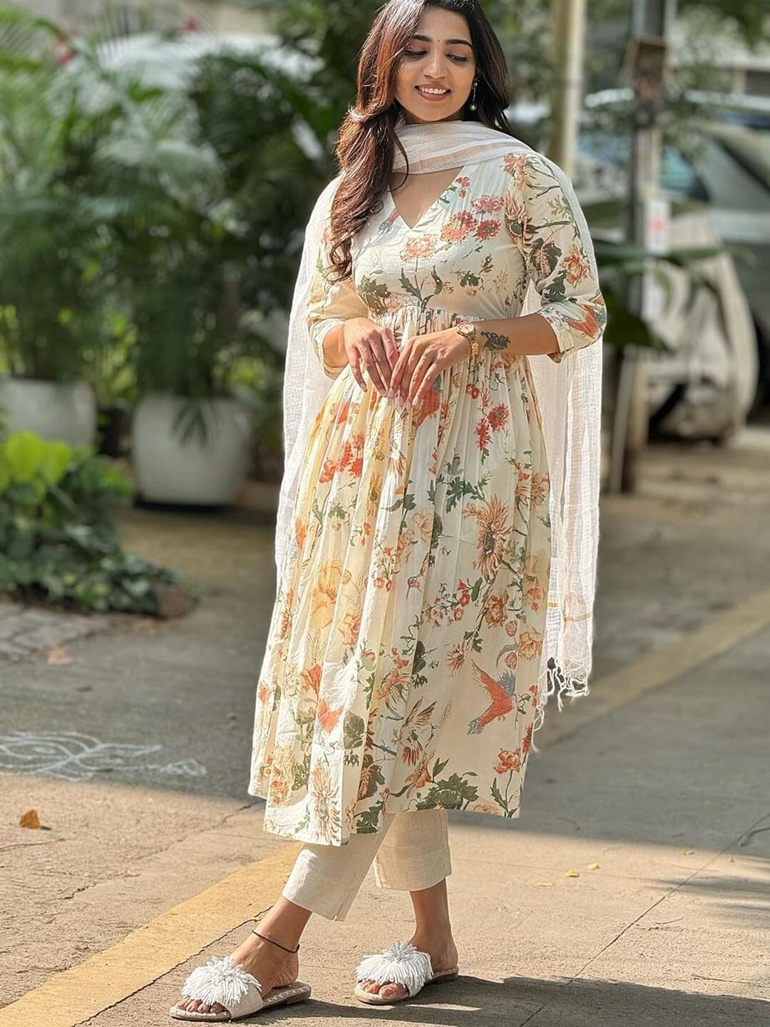 Women’s Rayon Blend Printed Anarkali Kurta with Pant & Dupatta
