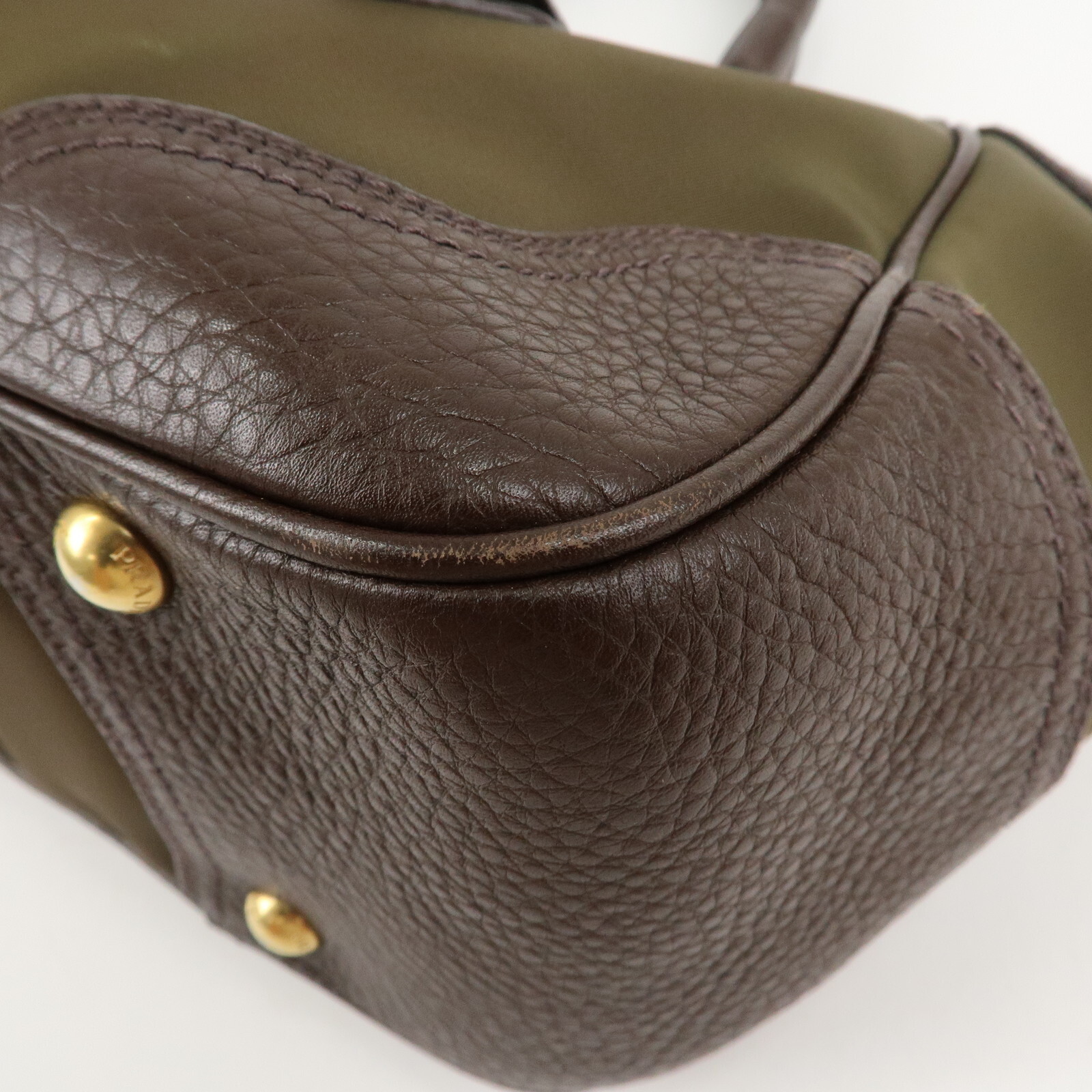 PRADA Logo Hand Bag Kahki Brown Nylon Leather BN1221 Auth Used