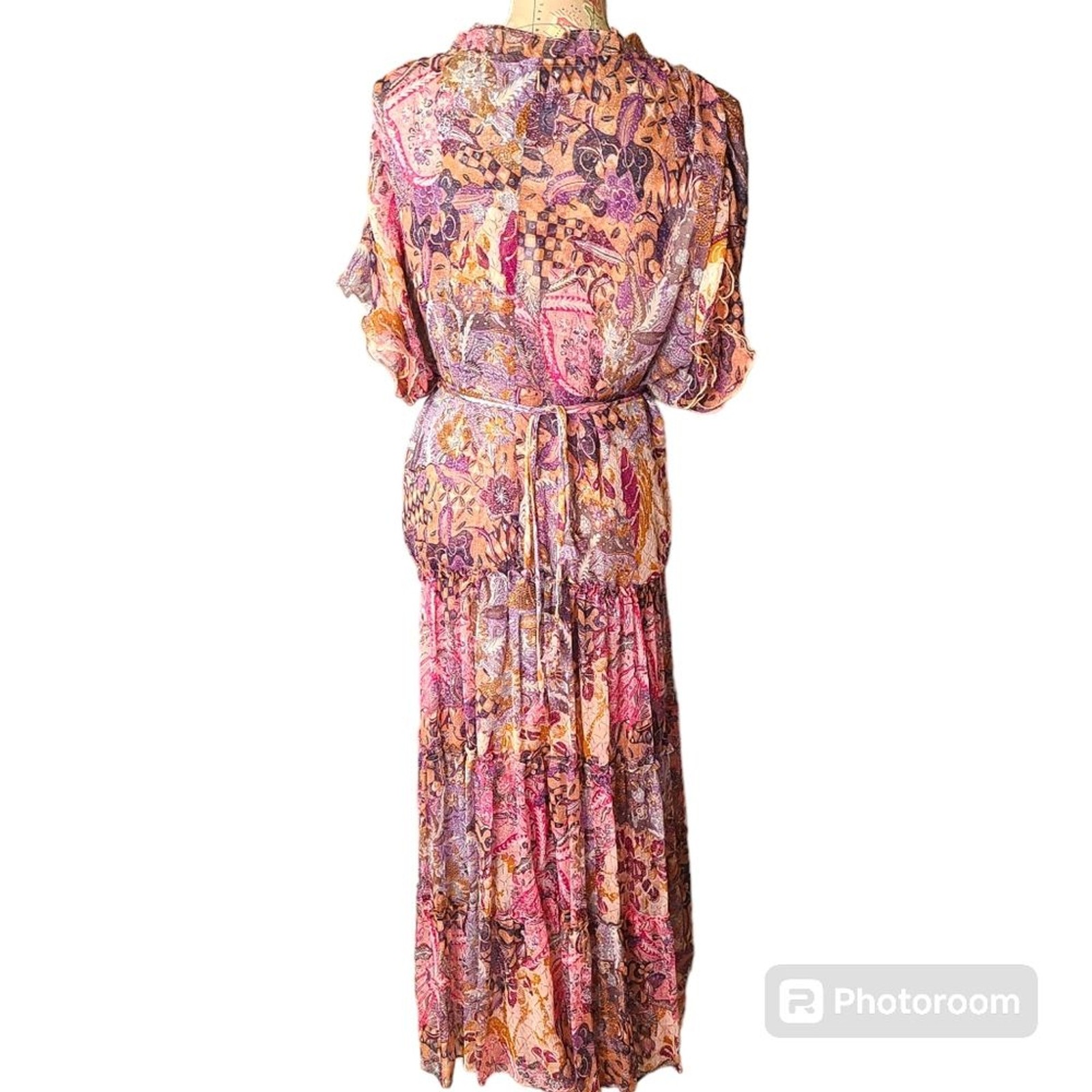 MISA Los Angeles Size Large Ilya Boho Pink Batik Sheer Short Sleeve Midi Dress