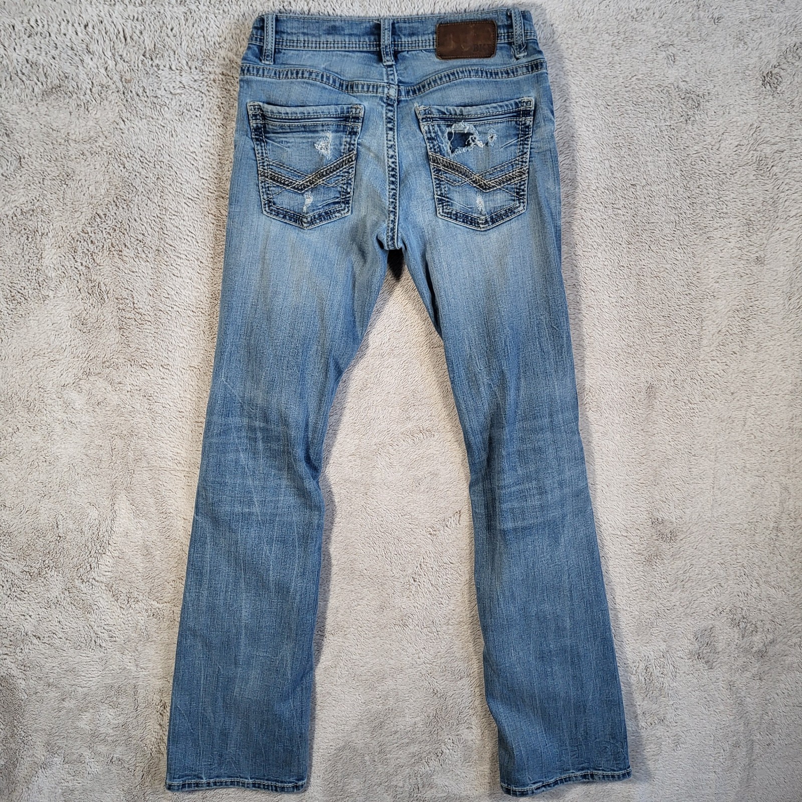 BKE Aiden Slim Fit Bootcut Jeans Men’s 29×34 Blue Light Washed Heavy Distressed