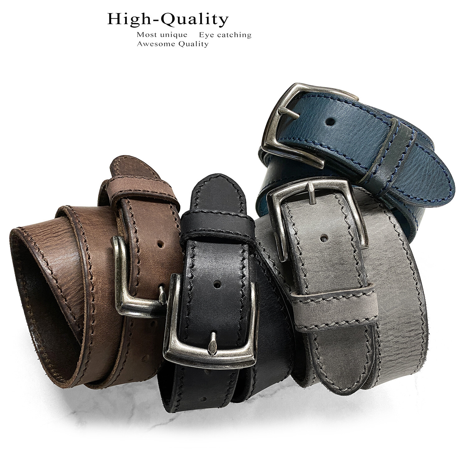 Antique Buckle One Piece Genuine Full Leather Casual Jean Belt 1-1/2″(38mm) Wide