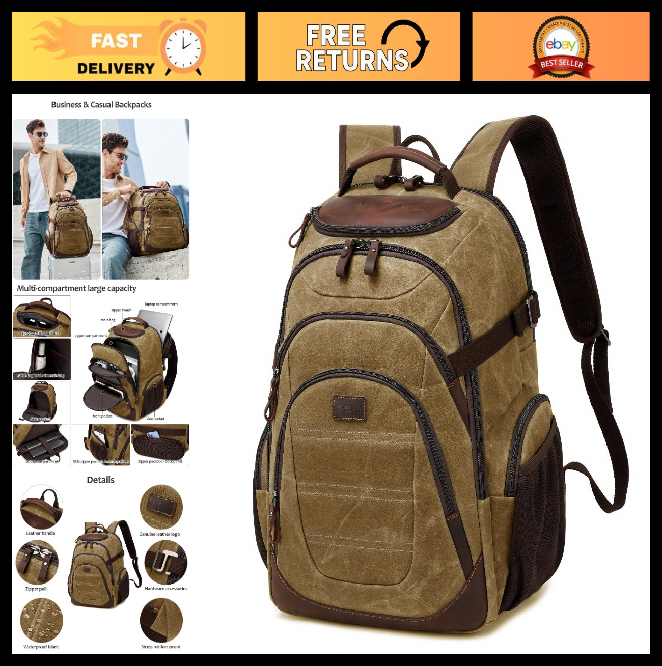 XL 17.3″ Travel Laptop Backpack – Waxed Canvas College Daypack for Men, Brown