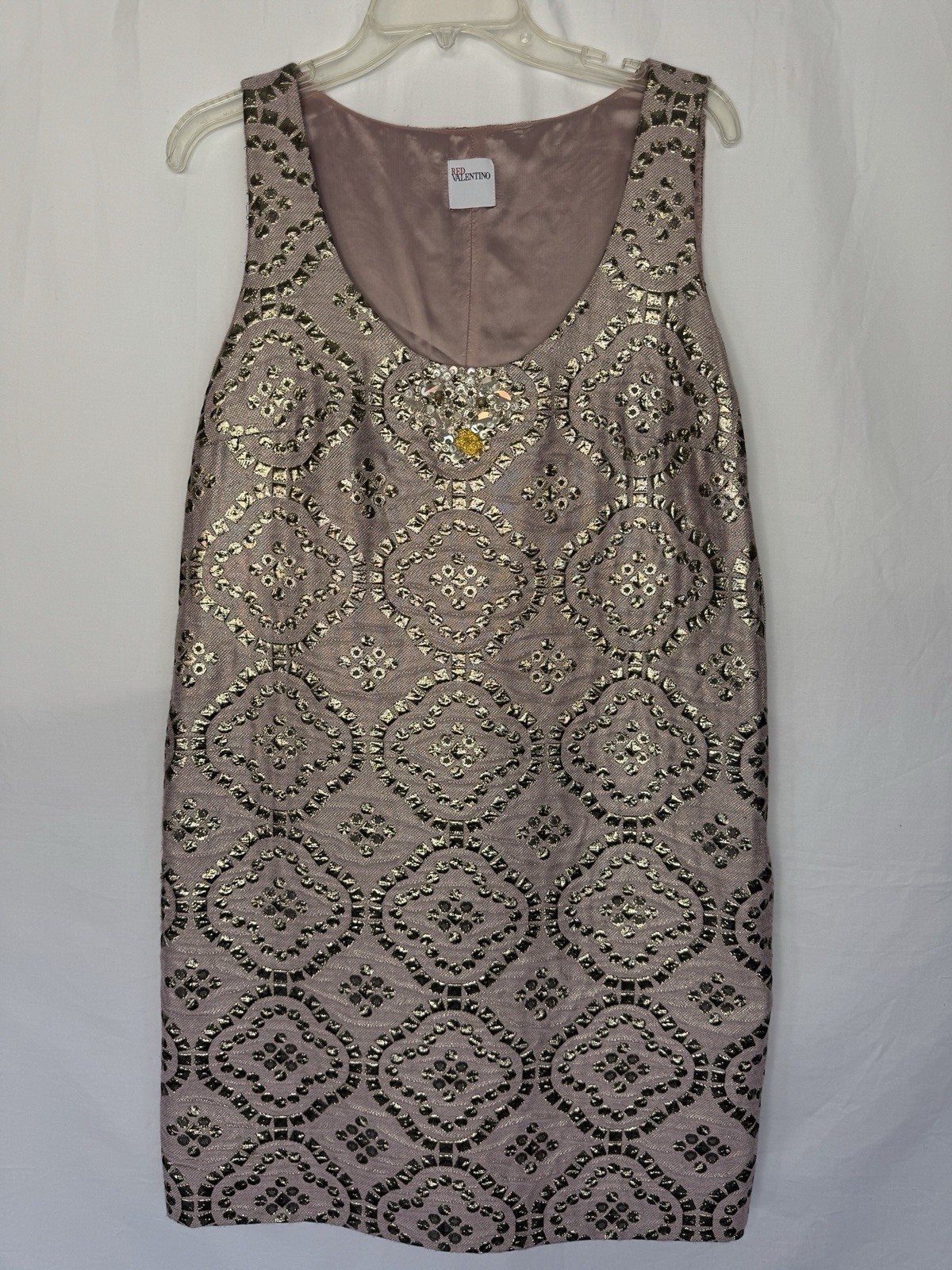 Valentino Pink Beaded Sleeveless with Gold Metallic Design Shift Dress