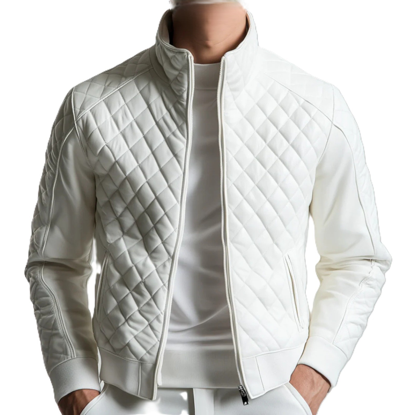 Men’s Real Lambskin Leather White Flight Bomber Jacket Quilted Style Biker Coat