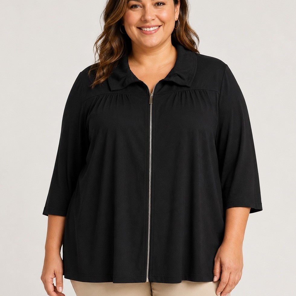 Ming Wang Black Ruffle Collar Zip Front Stretch Knit Nylon Jacket Women’s 2X