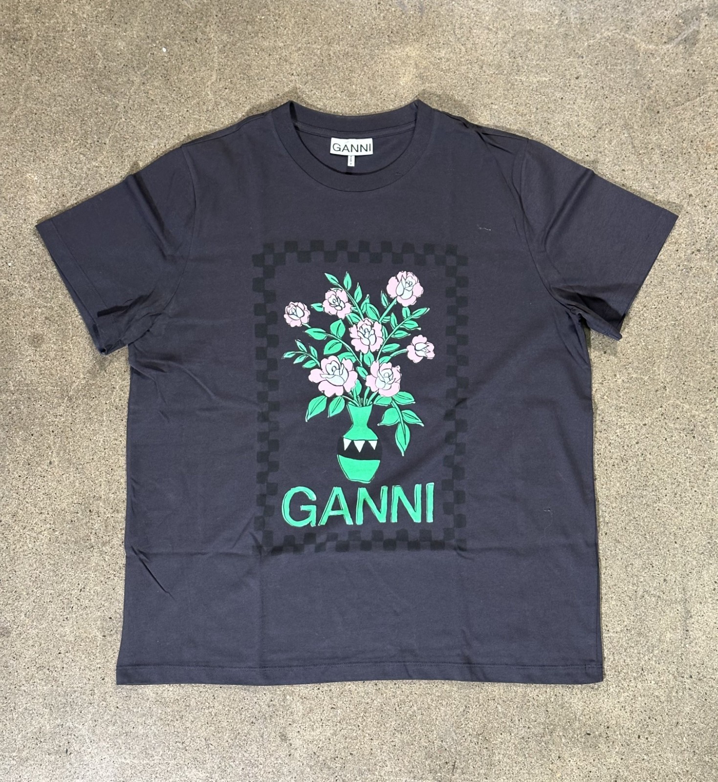 Ganni Black Flower Vase Printed T-Shirt 100% Cotton Sized Medium