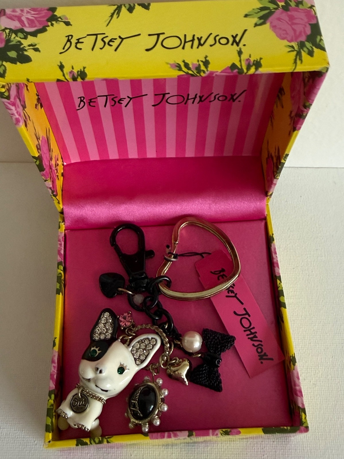 Rare Betsey Johnson Vintage Paris French Bulldog Keychain Bag Charm New In Box