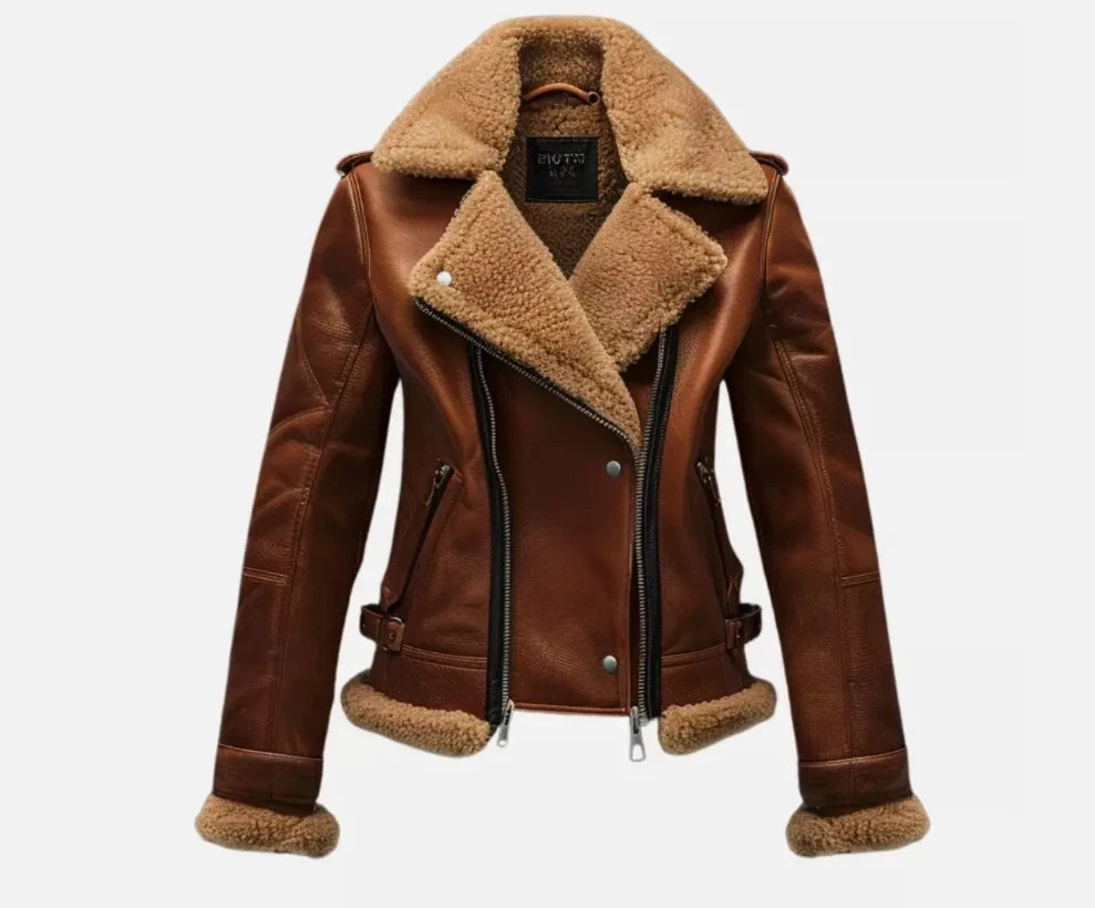 New Women’s Premium Shearling Lined Brown Aviator Real Sheepskin Leather Jacket