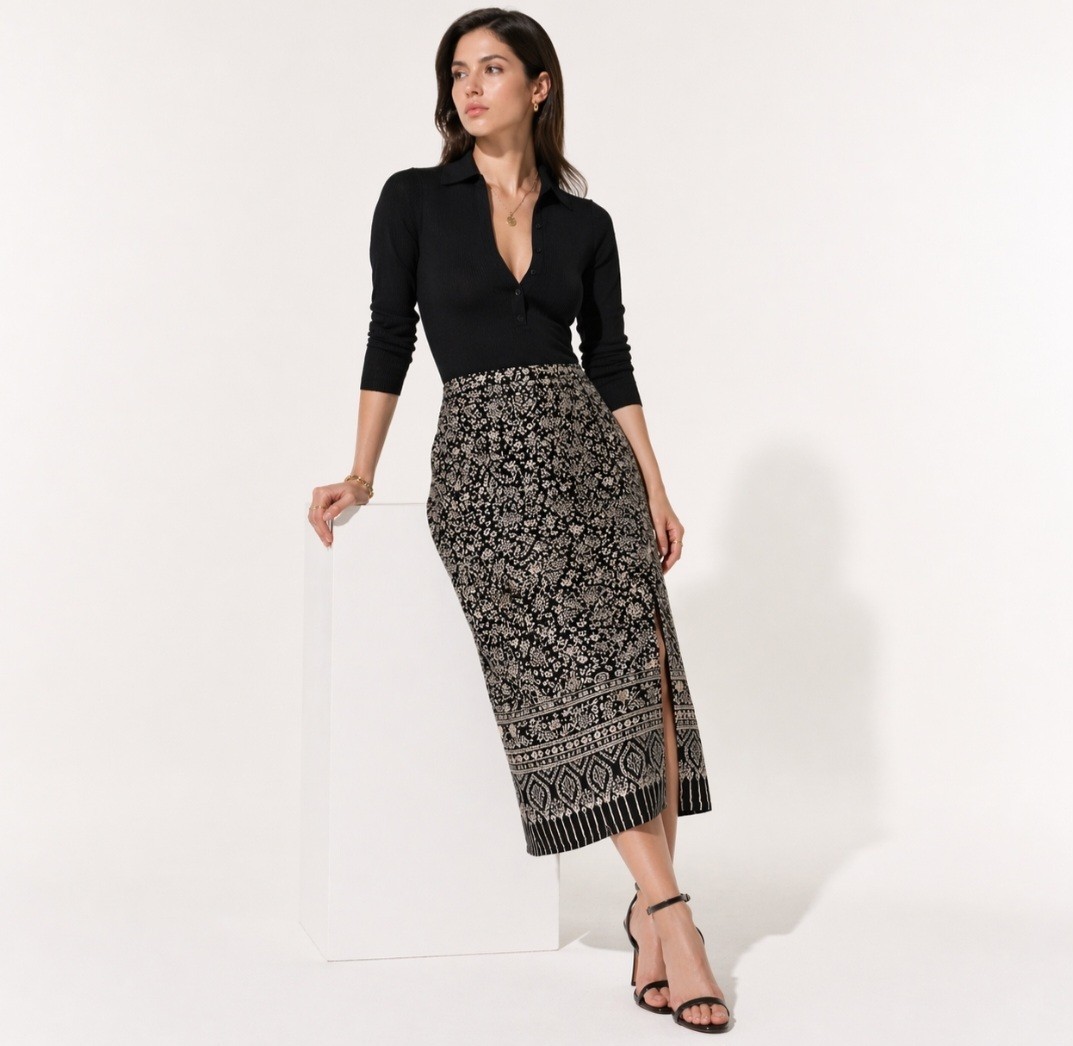 Talbots 10P Silk Floral Midi Skirt Black White Petite Lined A-Line Slit 10 Work