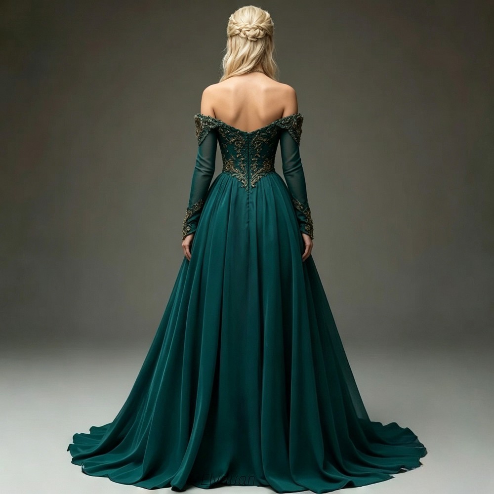 Teal Off-Shoulder Long Sleeve Lace Chiffon Ball Gown Evening Dresses With Train