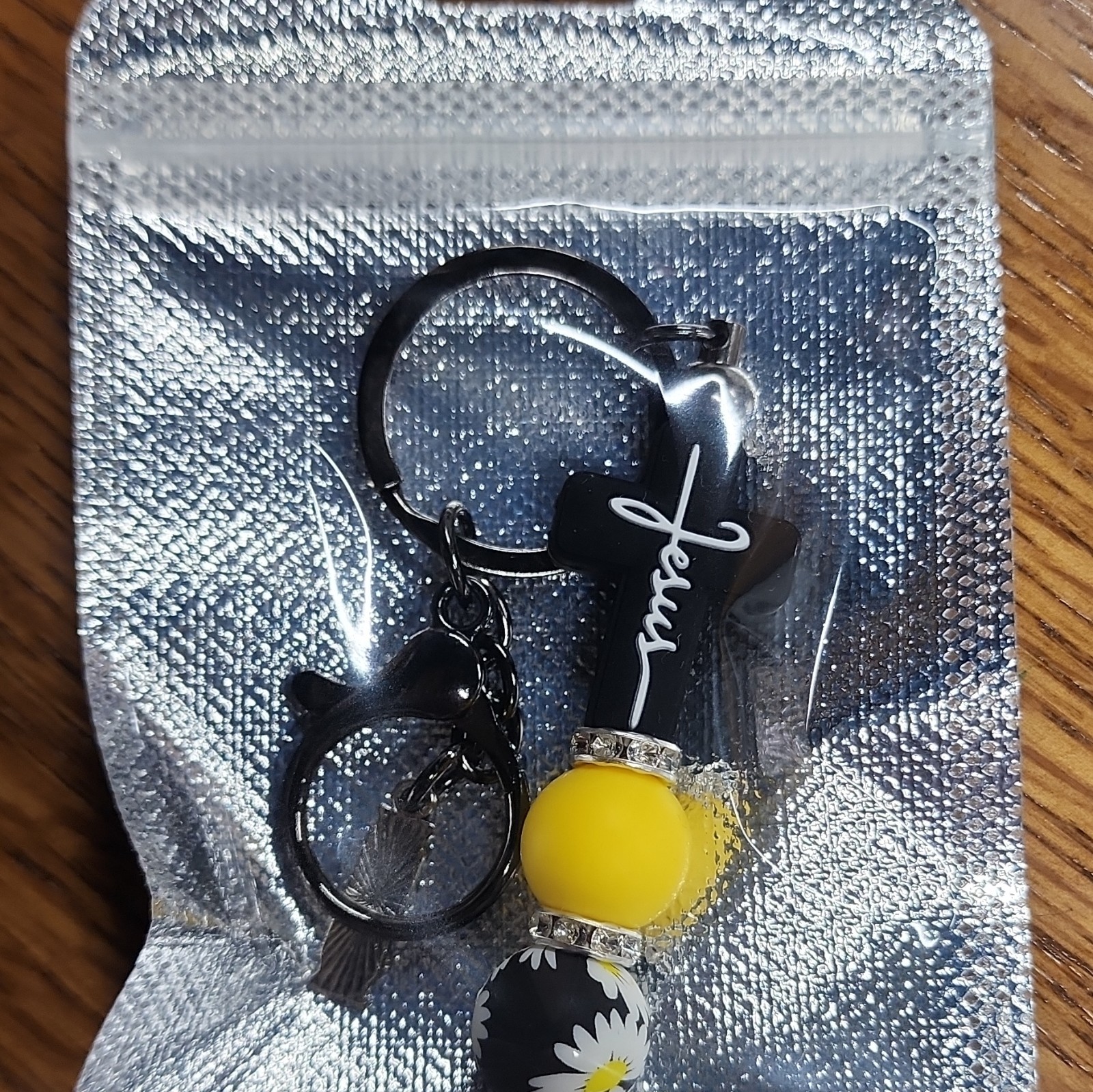 Faith Cross Beaded Floral Key Chain Key Ring, Detachable, Black Yellow White