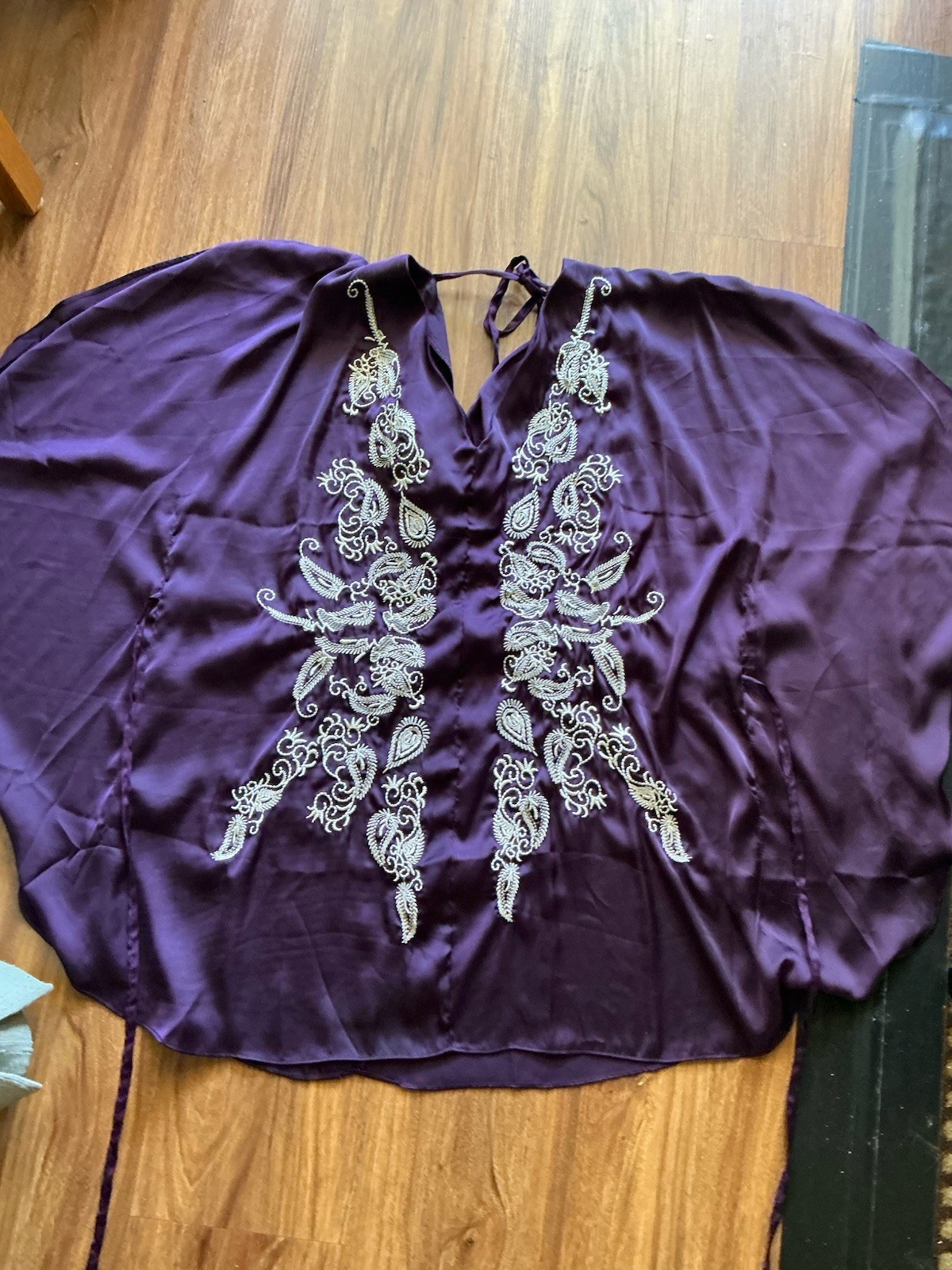 Dark Purple Caftan Satin Embroidered Poncho Top, DrawString 29” Long, 44” Bust