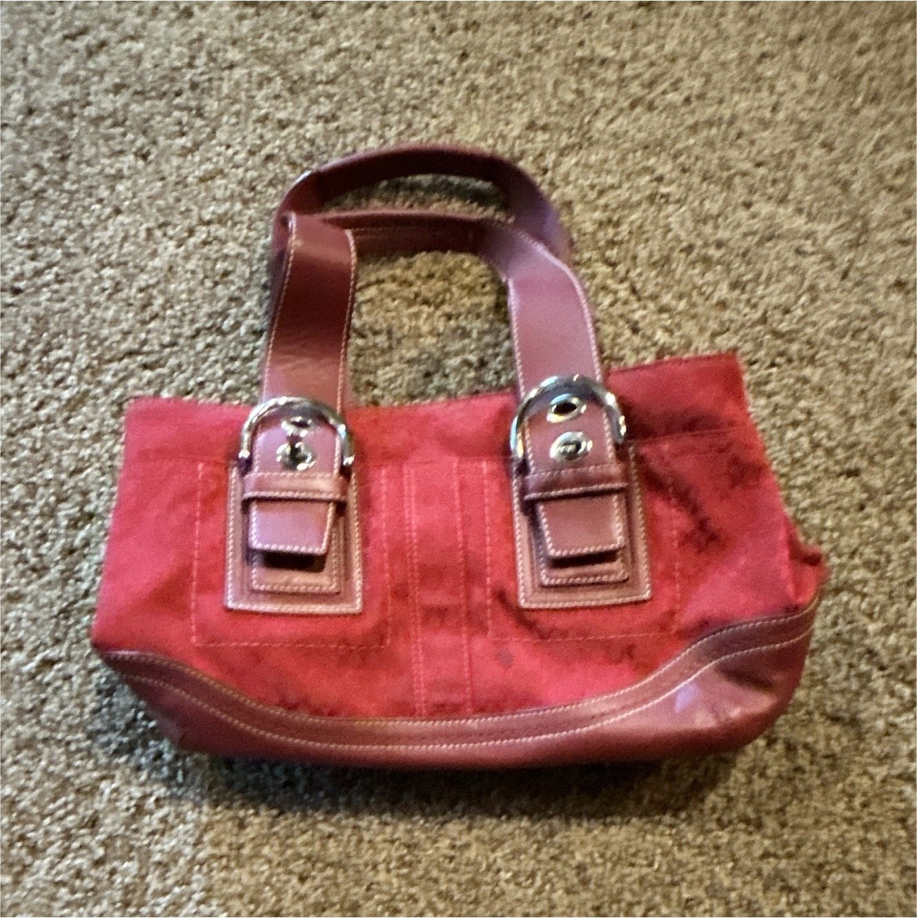 Coach Red Signature Logo Small Satchel Top Handle Purse Double Handles