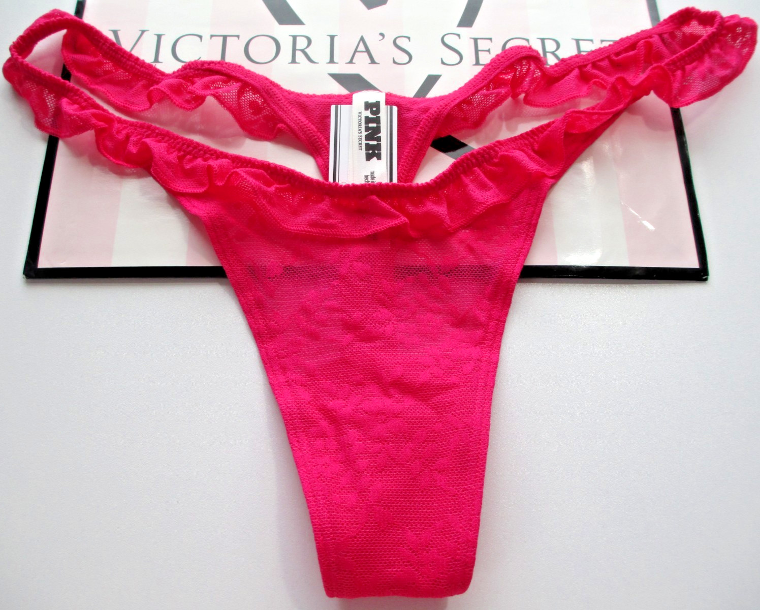 VICTORIA’S SECRET PINK Micro High Leg Thong Panty S M L XL Pink Lace Ruffle VS