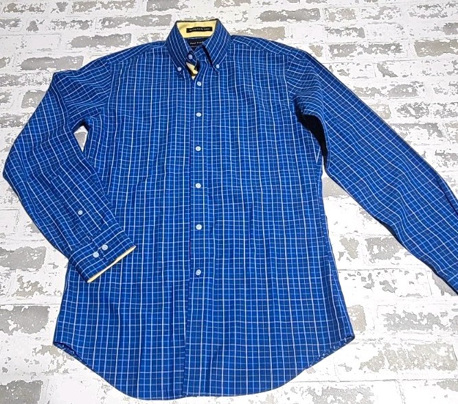 Paul Fredrick Mens Dress Shirt 14.5 x 33 Slim Fit Non-Iron Cotton Blue Plaid