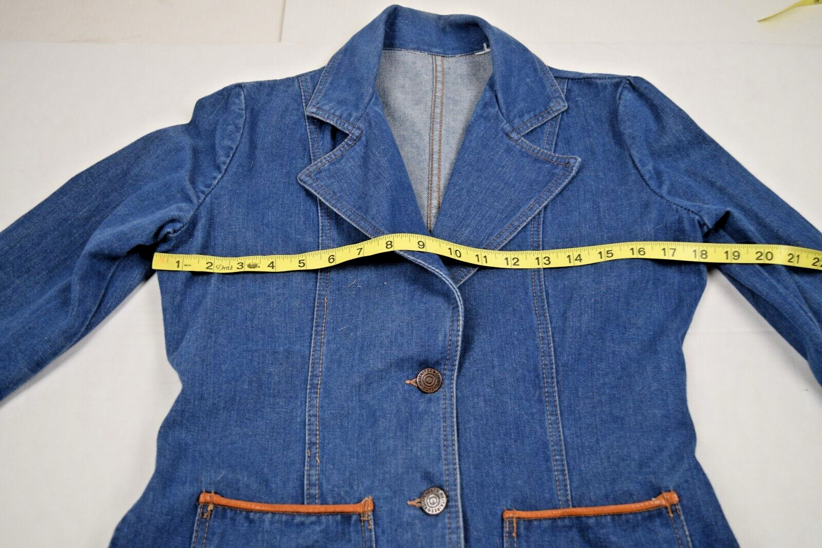 Denim Jacket VTG 70s French Militaires Equipements Leather Trim Fitted Sz S/M