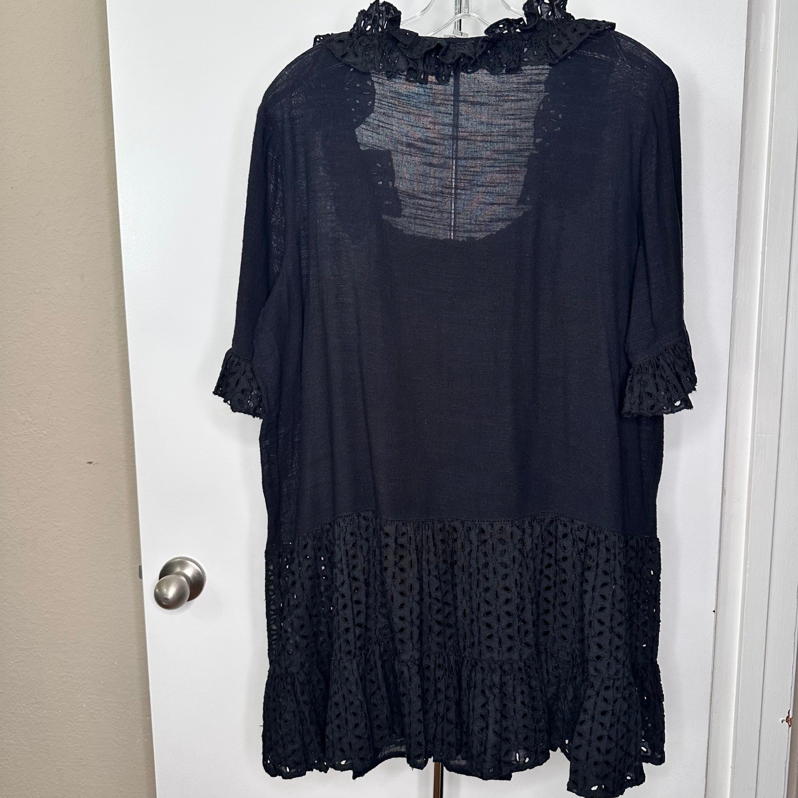 Ivy Jane Womens Black Eyelet Lace Trim Tunic Top Short Sleeve Smocked Large