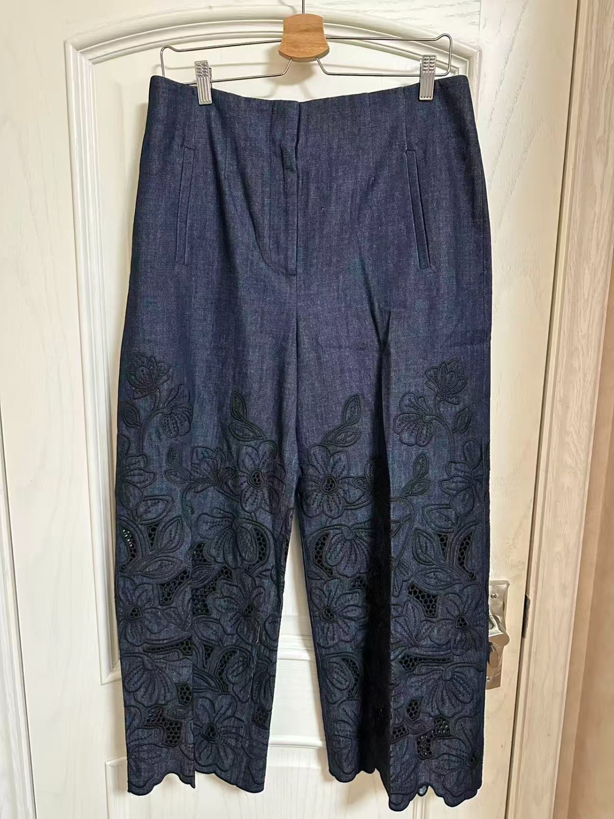 NEW VERONICA BEARD Osborne Wide-Leg Eyelet Pant Indigo Rinse 0-12