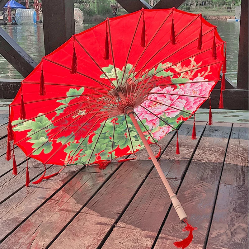 Cloth Parasol Umbrella 82cm Long Handle Silk Tassel Hanfu Cosplay Photo Prop