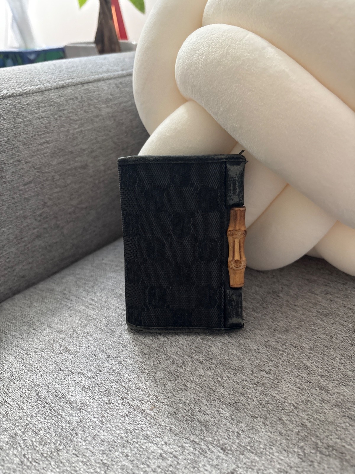 Gucci Vintage Bamboo Black Monogram Canvas Coin Purse Wallet Snap Closure