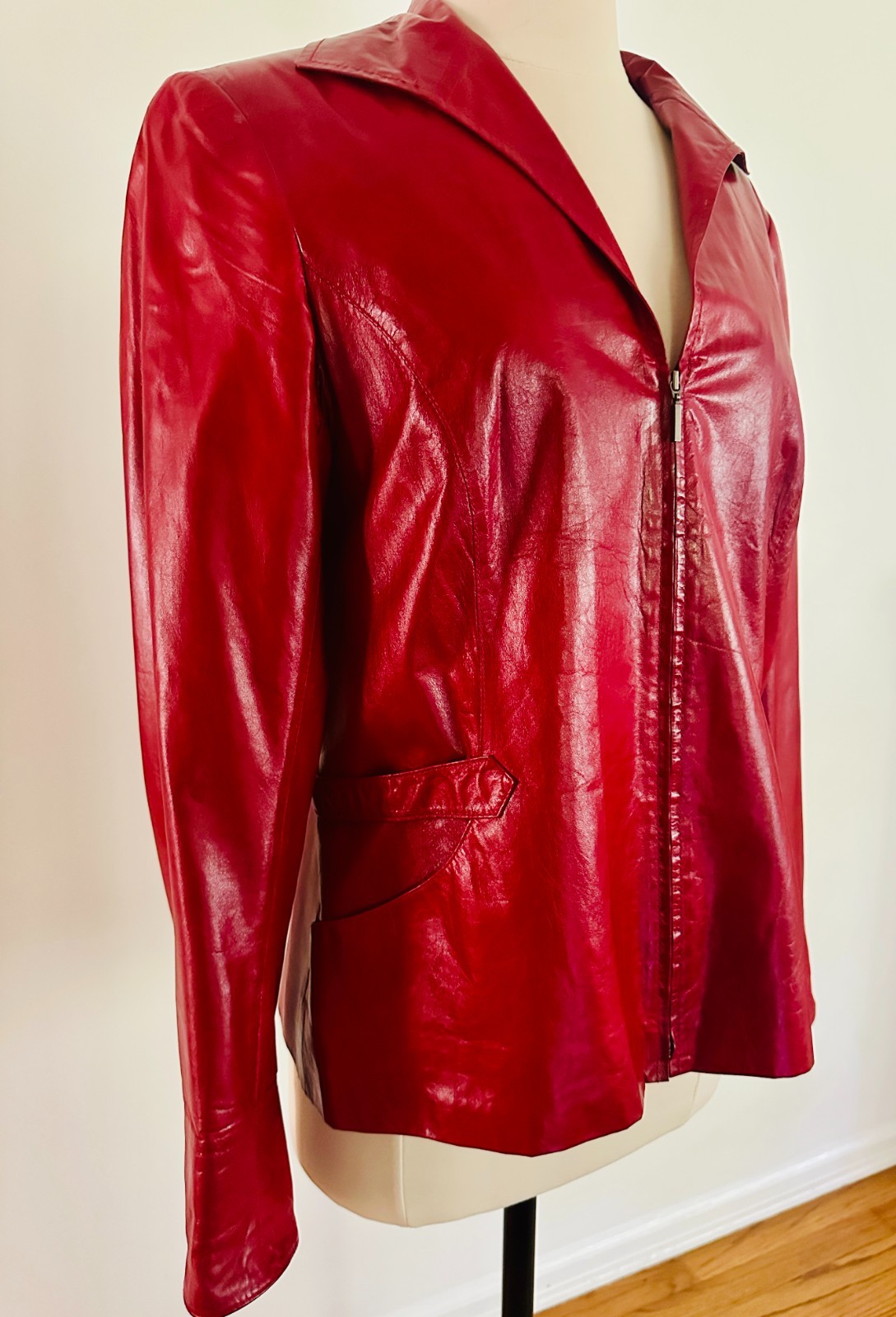 Lafayette 148 NY Burgundy Stylish Lambskin Collared Leather Jacket Zip 8