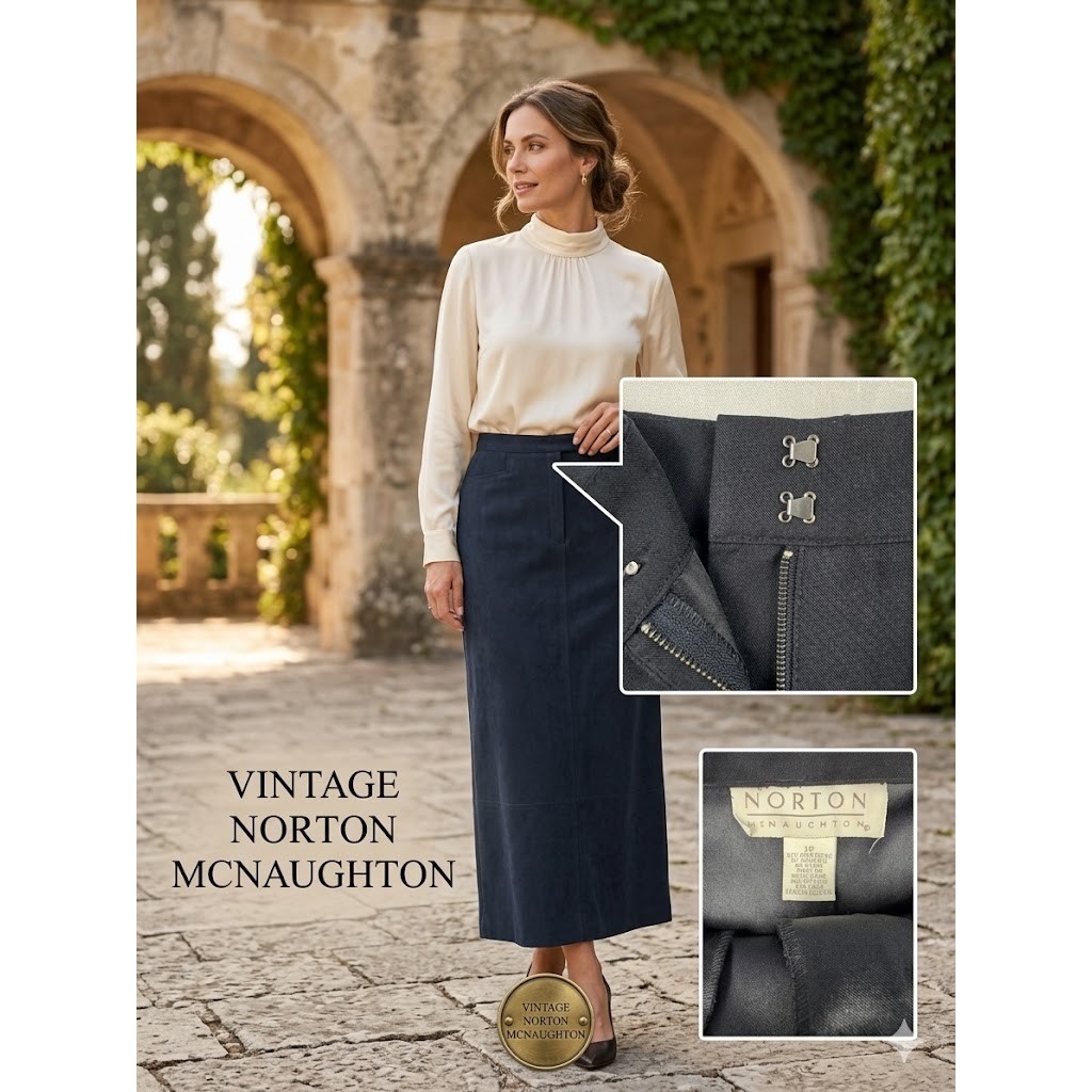 Norton McNaughton Vintage Maxi Skirt 12 Black Elastic Waist Pockets Side Zip