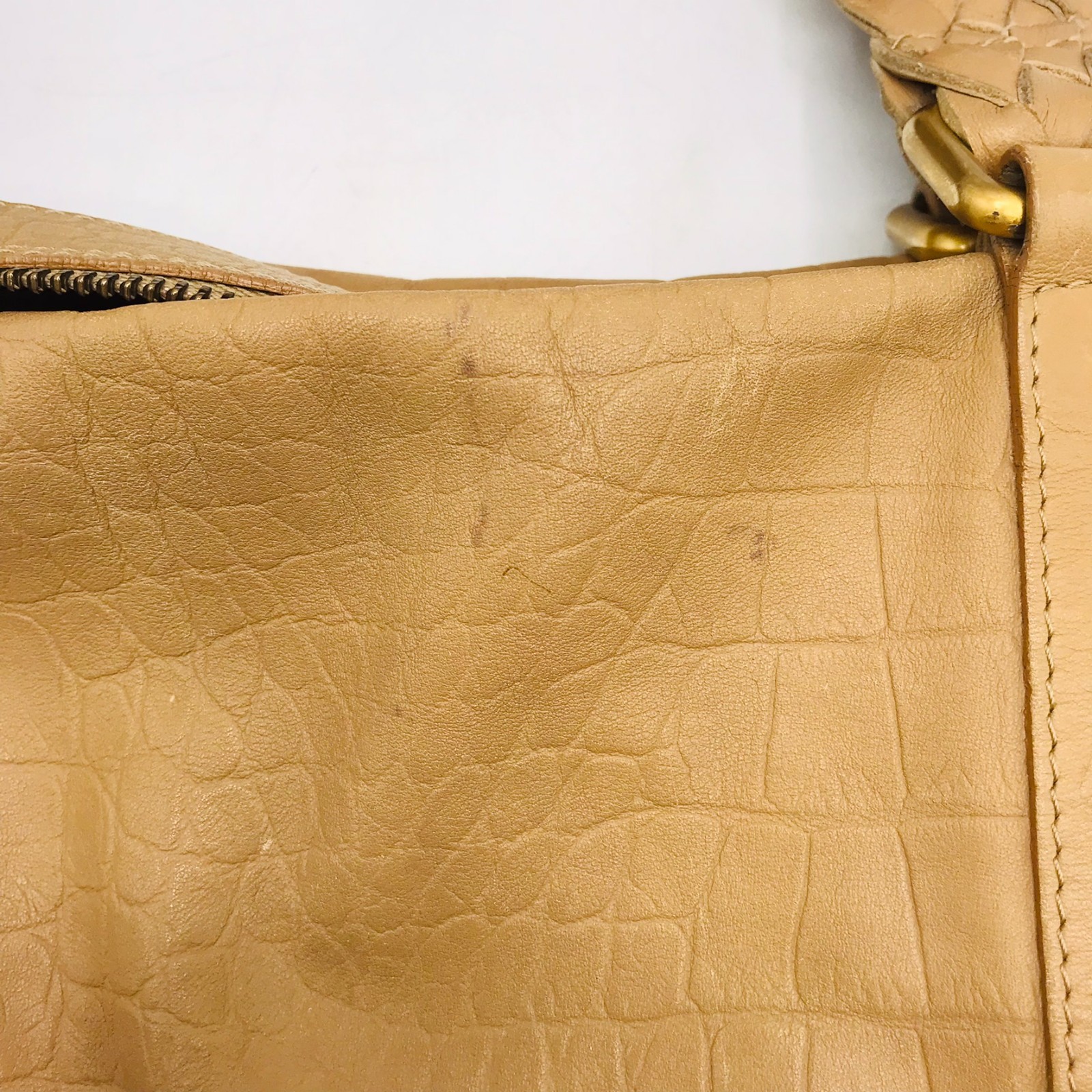 Falor Tan Leather Tote Bag Made In Italy with Woven Handles Embossed Snakeskin