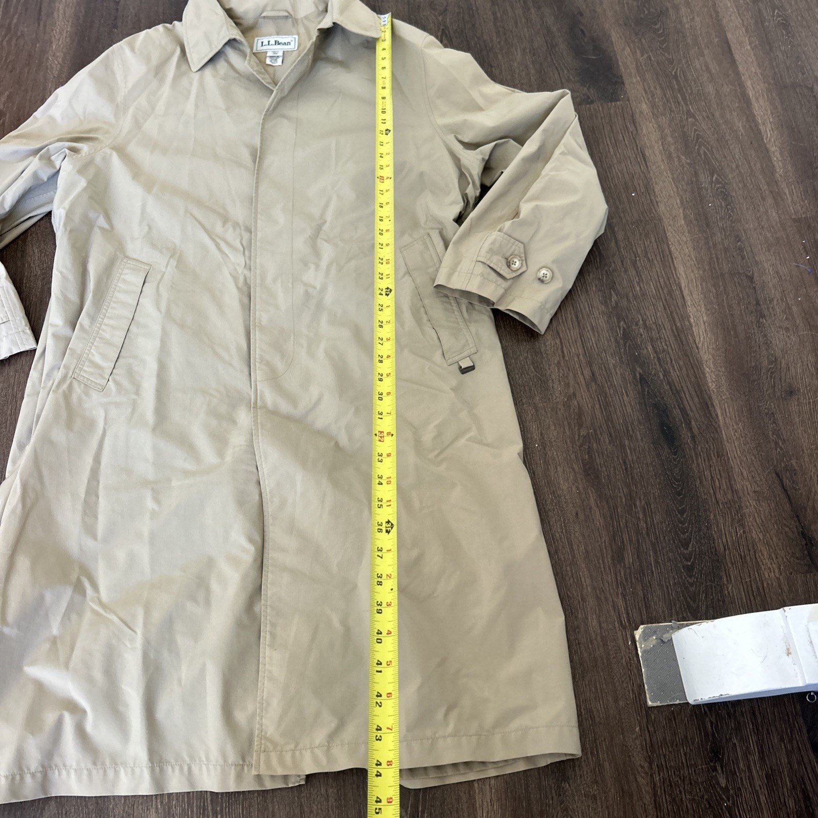 Vintage LL Bean Trench Rain Coat Mens Large Khaki Long Chin Strap Made USA 80s