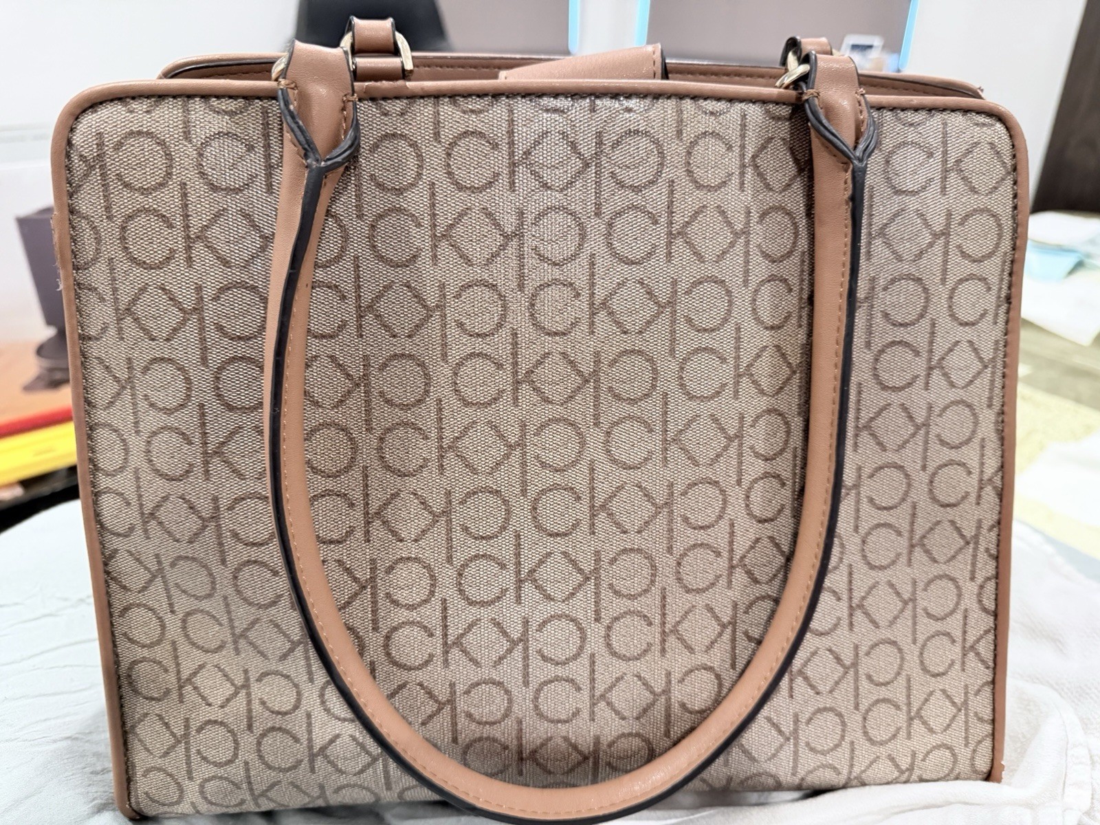 Calvin Klein Beige Logo Satchel Top Handle Bag with Double Handles