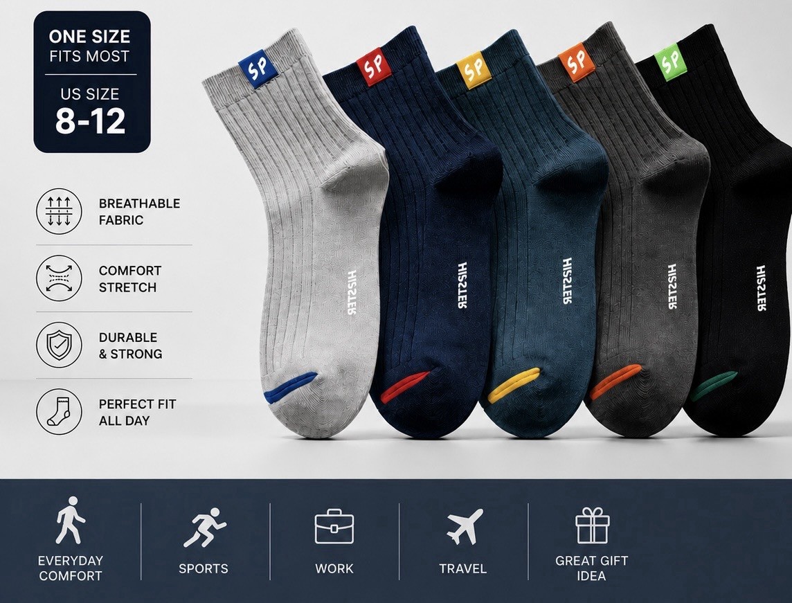 15 Pairs Men’s Cotton Crew Socks Size 8-12 Breathable Soft Free Shipping