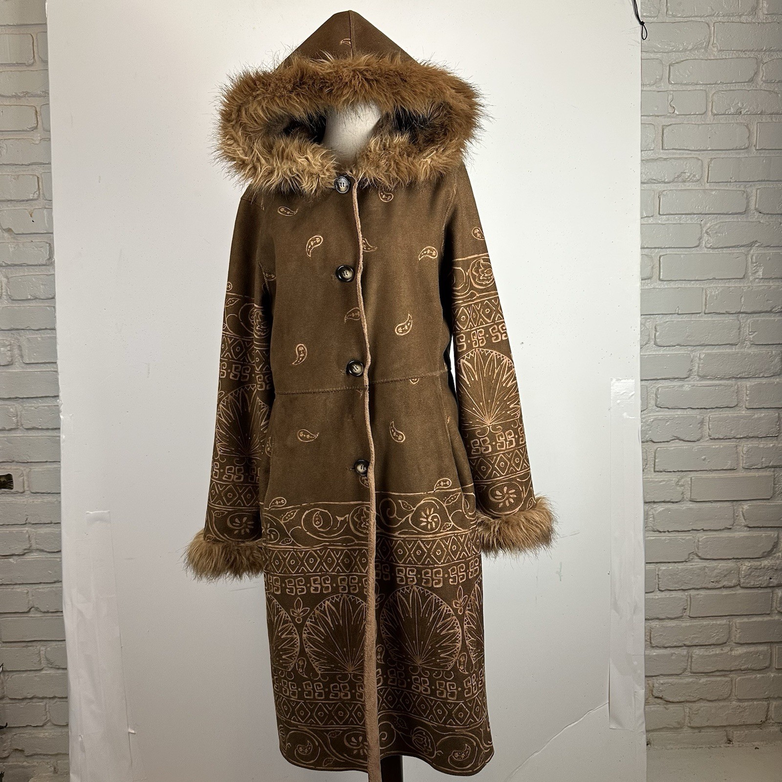 Vtg Faux Suede Afghan Jacket Fur Hood Cuffs Long Brown Paisley Penny Lane Boho M