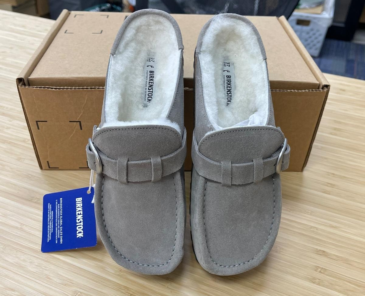 BIRKENSTOCK Unisex Buckley Shearling Suede Clog,Stone Gray,Size EU37/US W6-M4