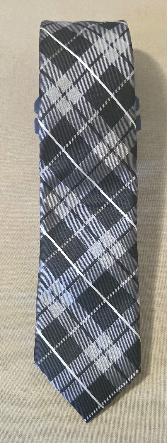 CHAPS Mens Tie Black Grey White Plaid Pattern NWT