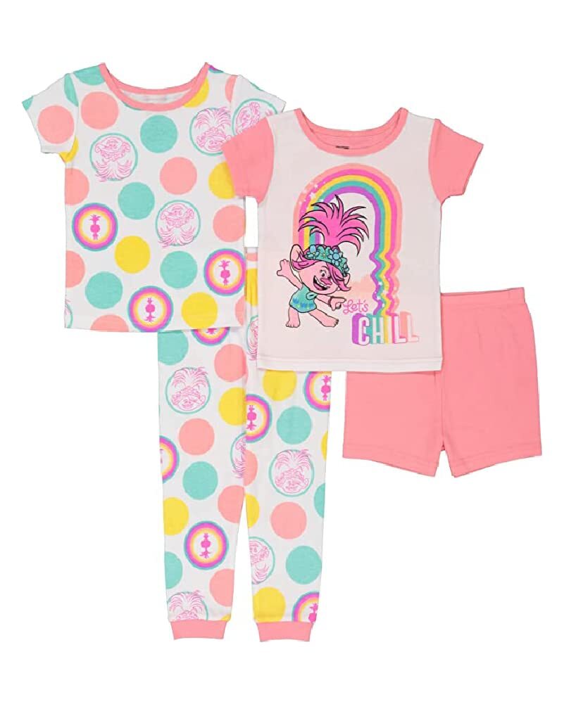 DreamWorks Girls’ Little 4-Piece Trolls Pajama Set, LET’S CHILL, 3T
