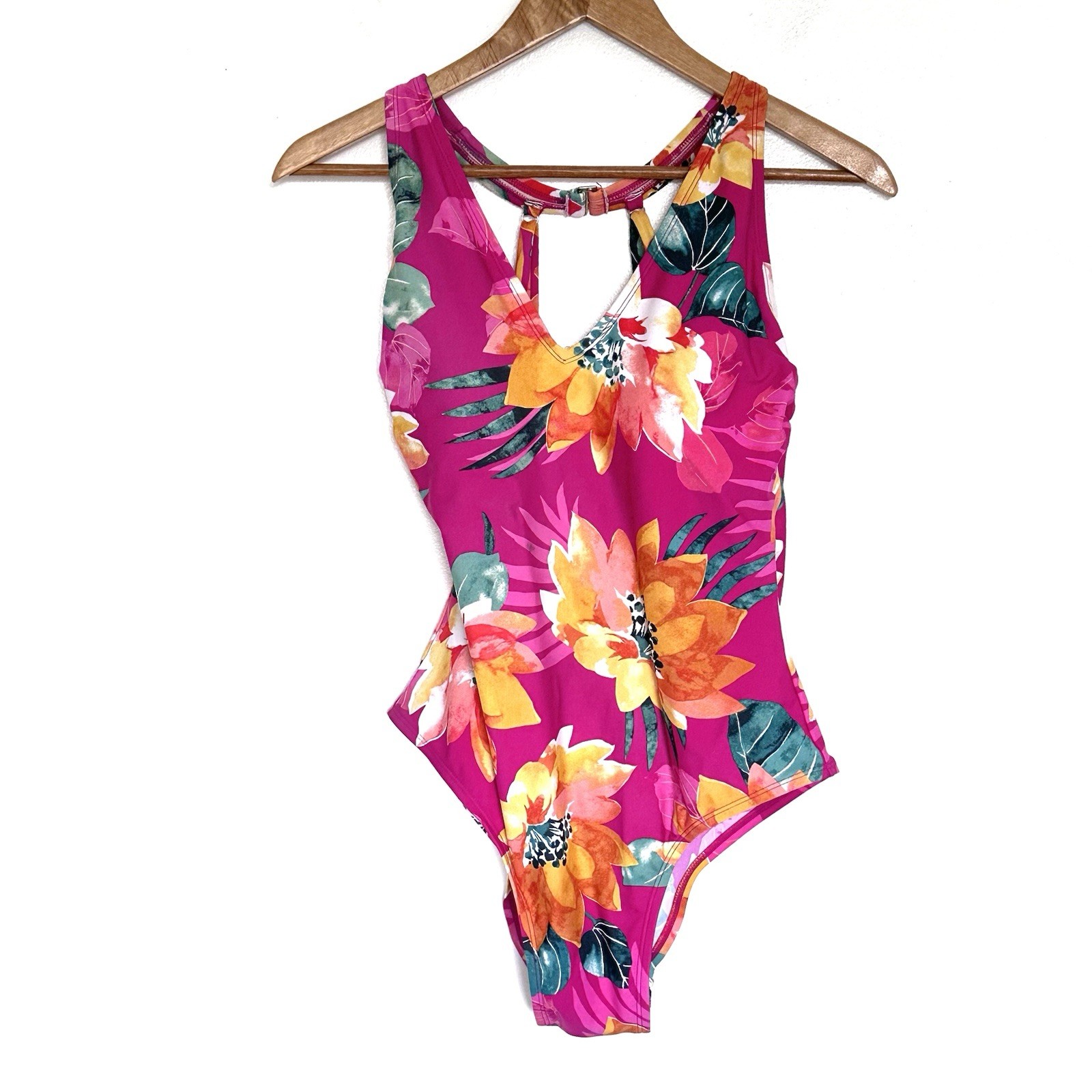 Kona Sol Swimsuit Women’s Large Floral Build In Bra One Piece Bathing Suit