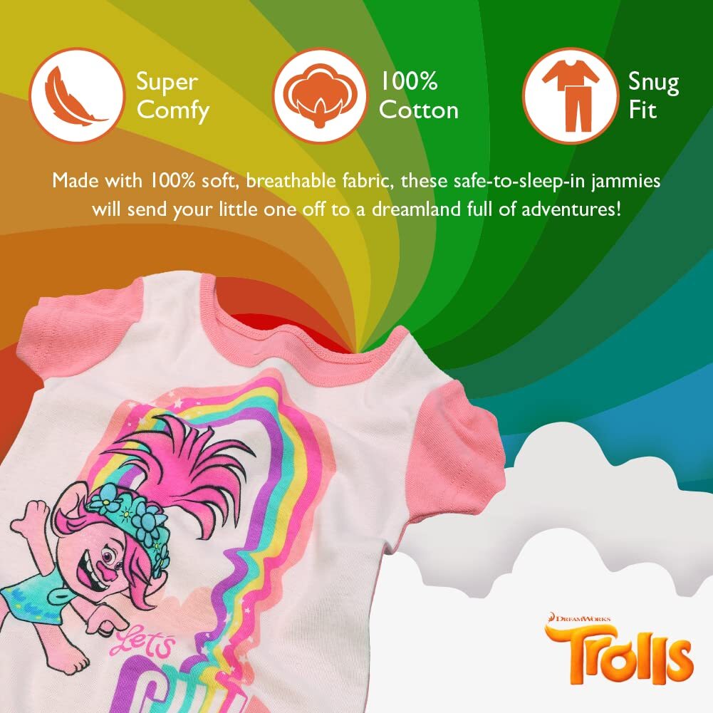 DreamWorks Girls’ Little 4-Piece Trolls Pajama Set, LET’S CHILL, 3T