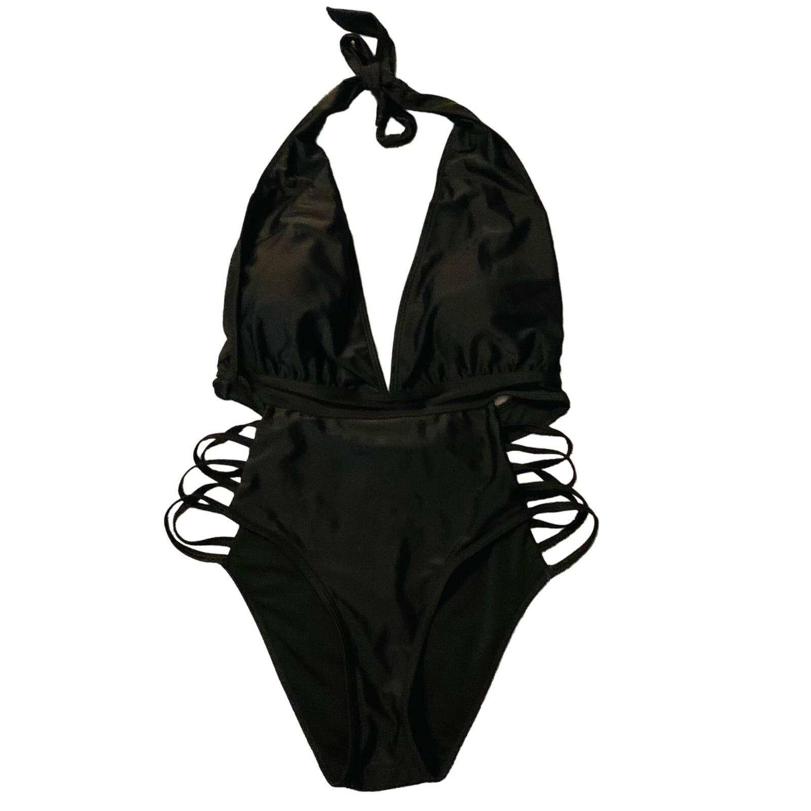 NEW BeachQueen Swimsuit Large Black Tie Halter Deep Plunge V-Neck Cutout Hips