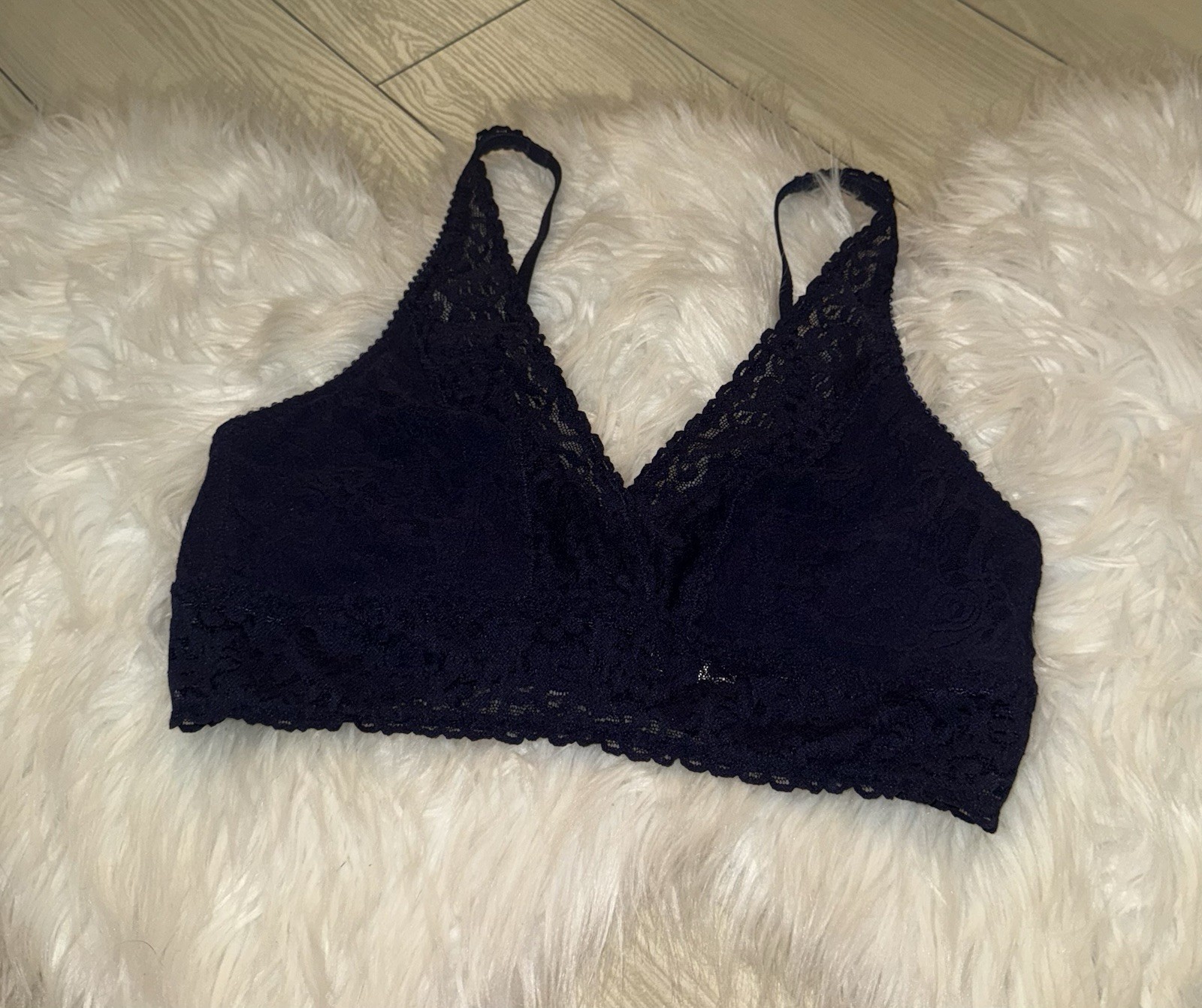 Felina C7137 Signature Stretch Lace Bralette Bra Unlined WF Womens L Large Blue