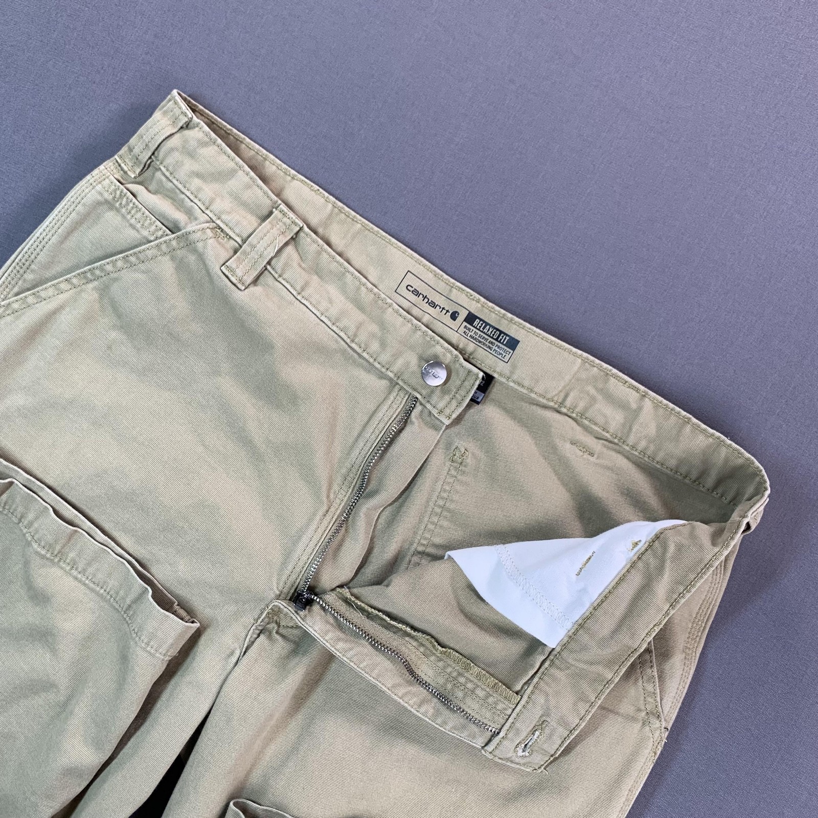 Carhartt Rugged Flex Relaxed Fit Carpenter Pants Mens 38×32 Beige Canvas Stretch